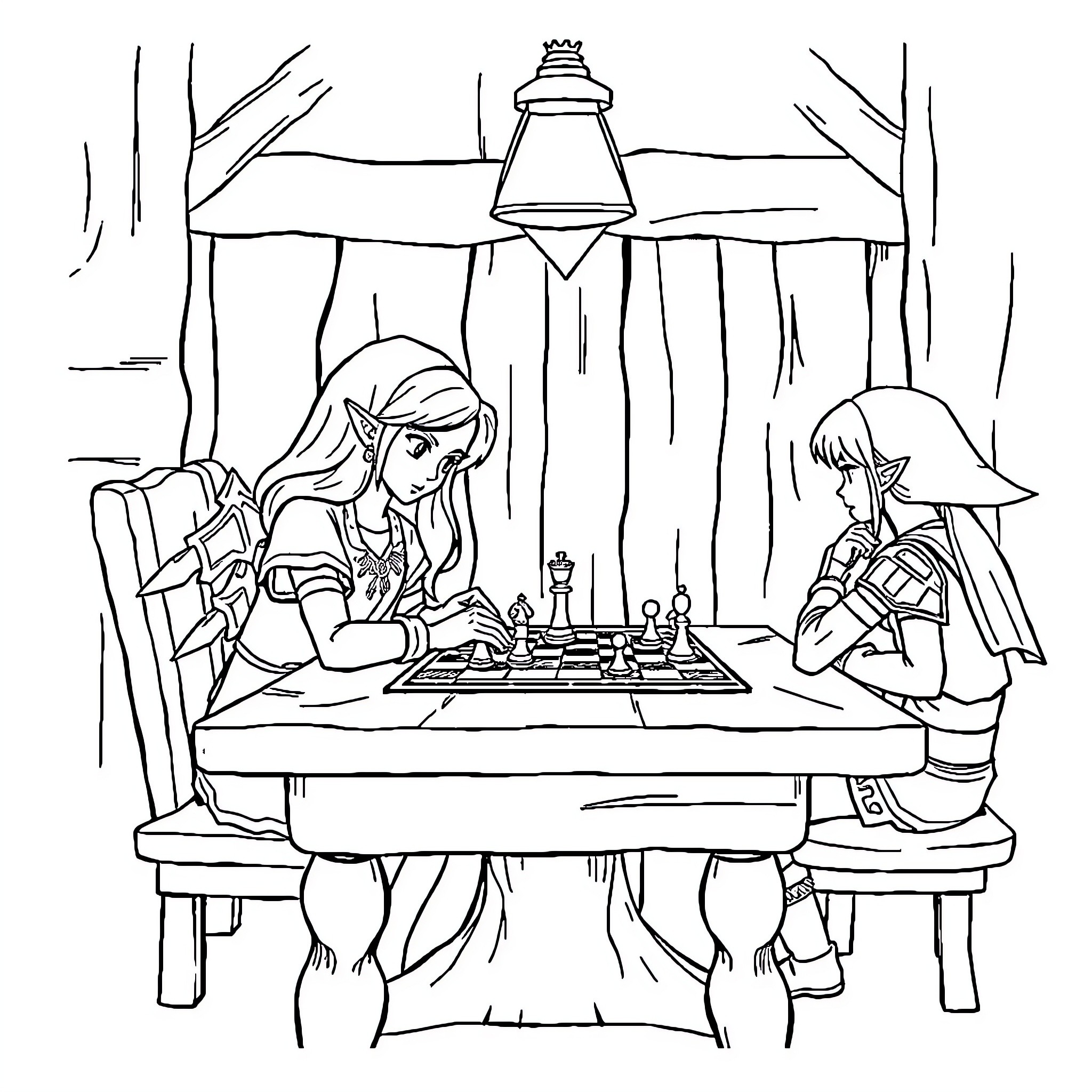 Zelda characters playing chess in the forest Coloring Page (free black-and-white line drawing printable PDF for all, from beginners to advanced learners, including children, teens, adults, and seniors)
