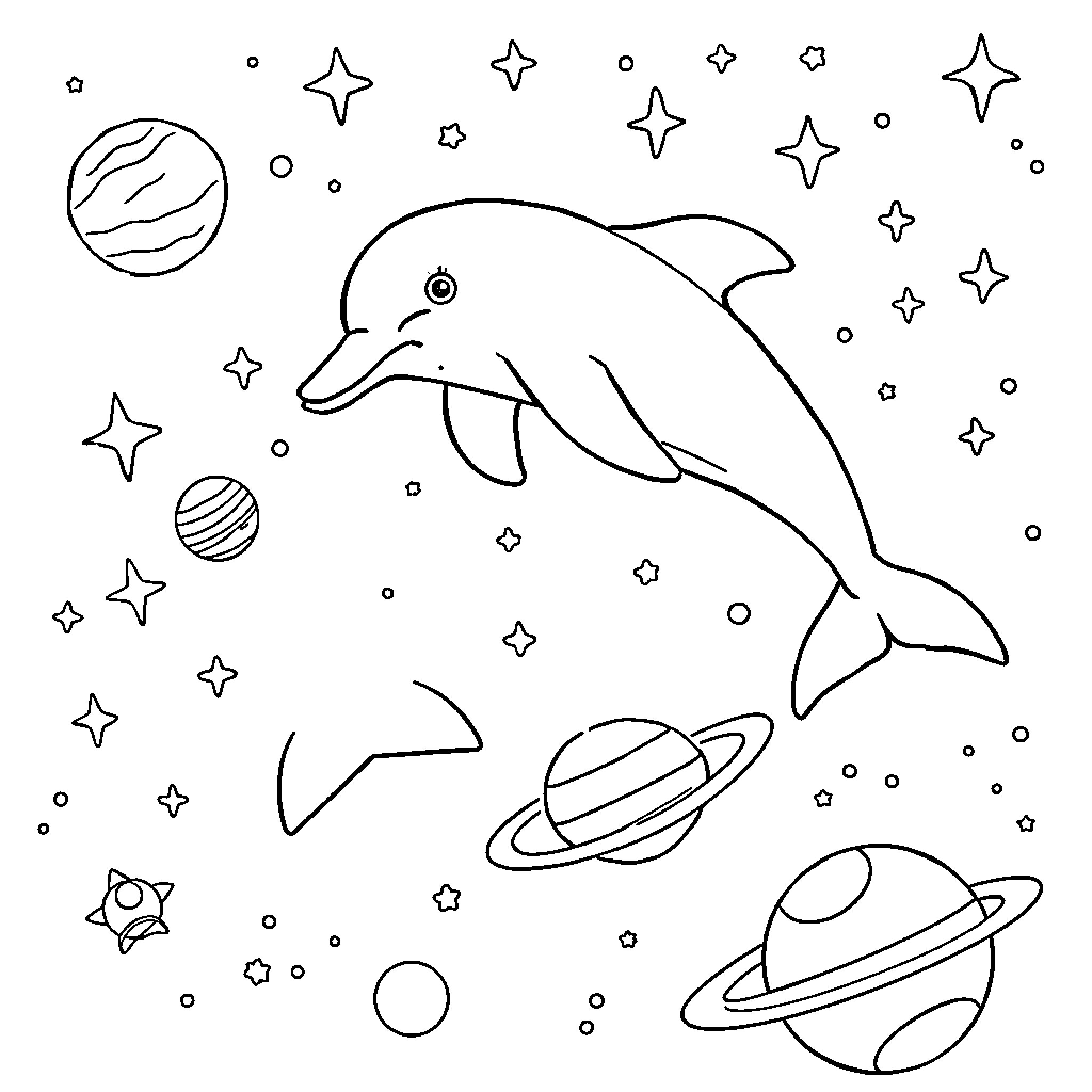 Dolphin swimming among the stars and planets Coloring Page (free black-and-white line drawing printable PDF for all, from beginners to advanced learners, including children, teens, adults, and seniors)