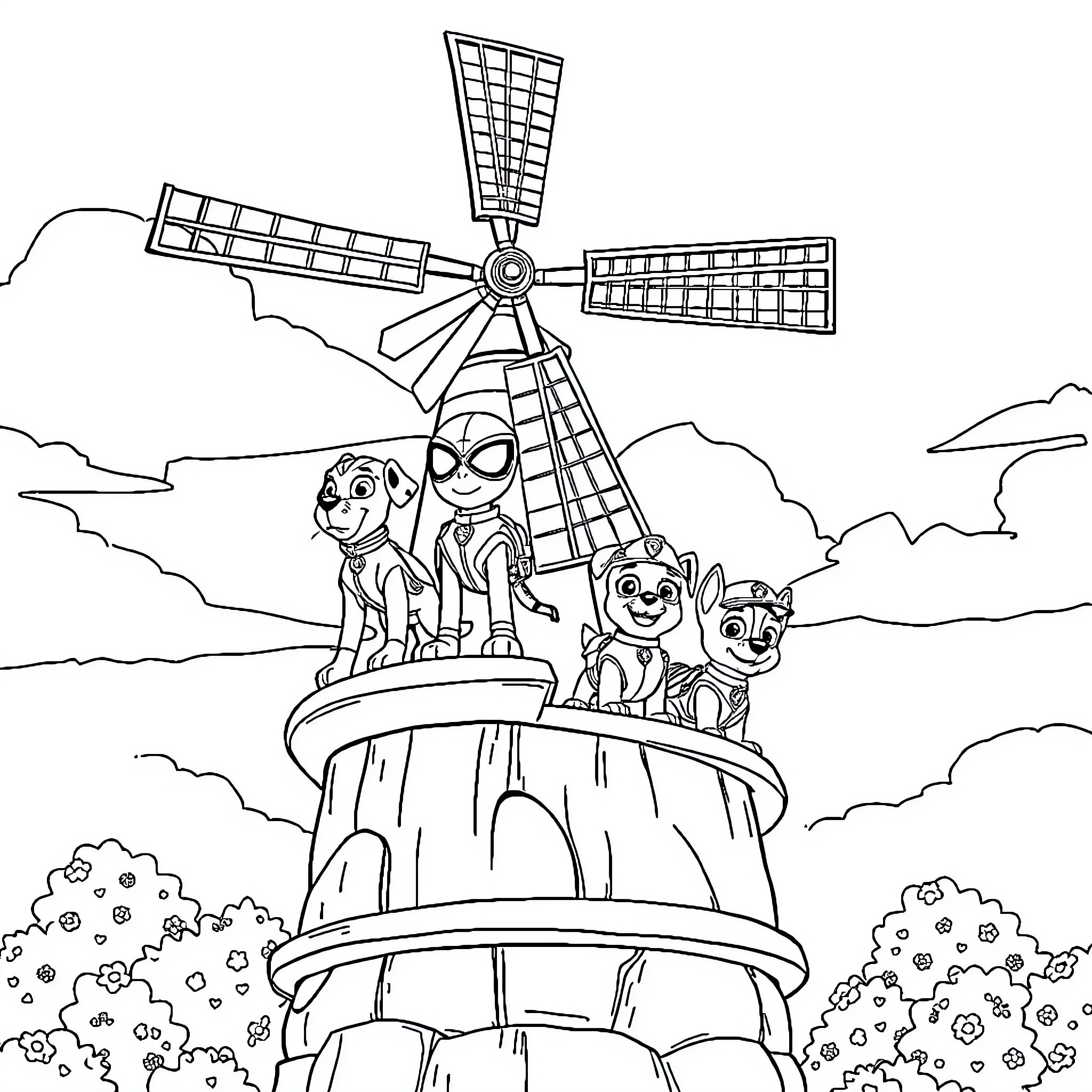 Spidey Paw Patrol Saves the Day Coloring Page (free black-and-white line drawing printable PDF for all, from beginners to advanced learners, including children, teens, adults, and seniors)