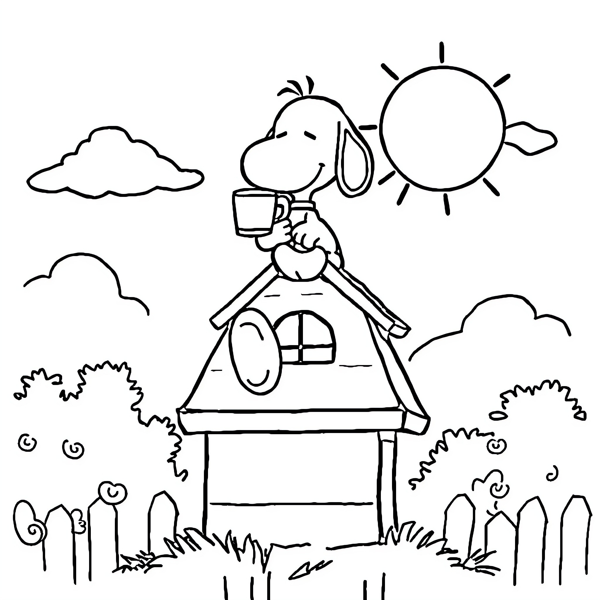 Snoopy relaxing in his doghouse on a sunny day Coloring Page (free black-and-white line drawing printable PDF for all, from beginners to advanced learners, including children, teens, adults, and seniors)
