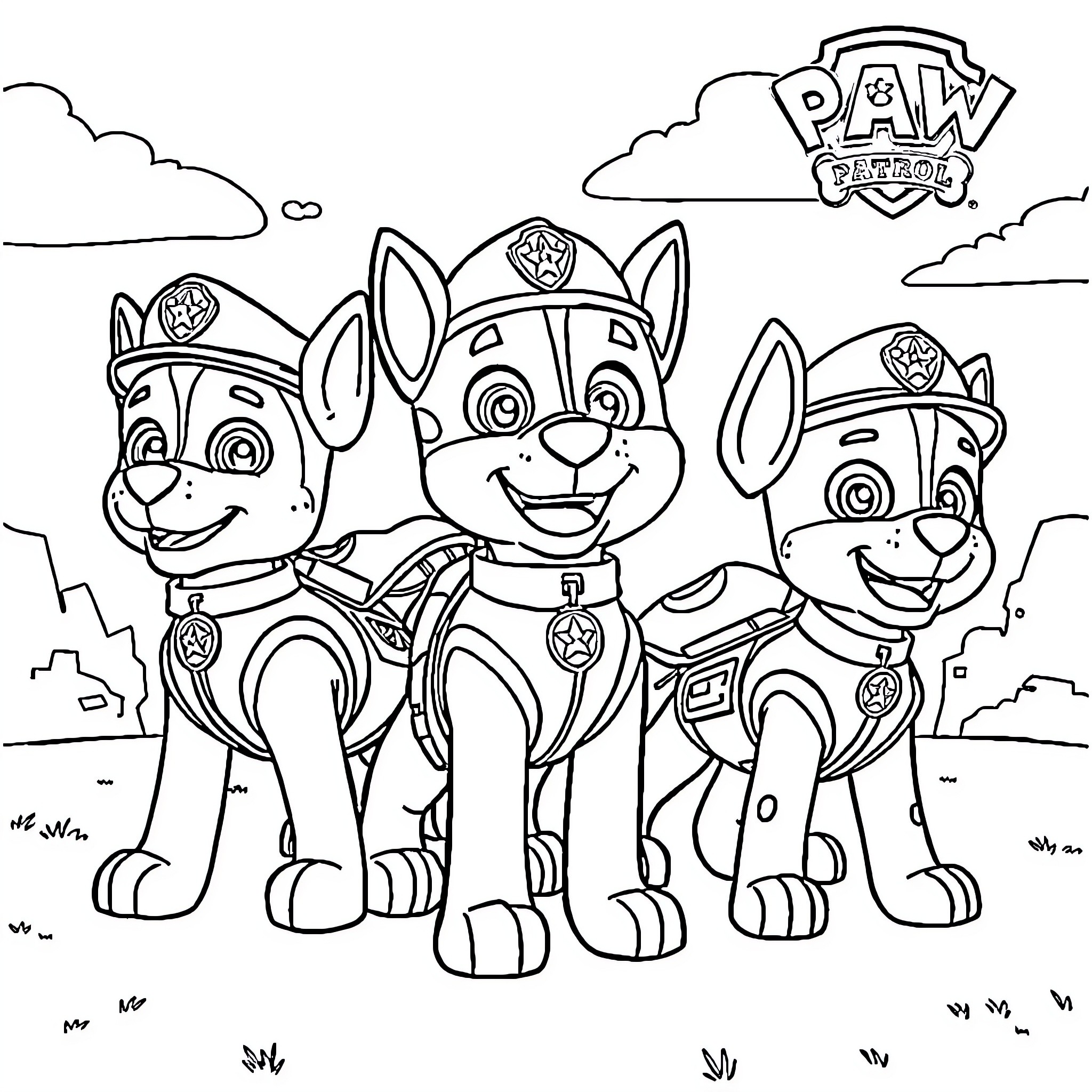 Paw Patrol puppies on duty in their uniforms Coloring Page (free black-and-white line drawing printable PDF for all, from beginners to advanced learners, including children, teens, adults, and seniors)