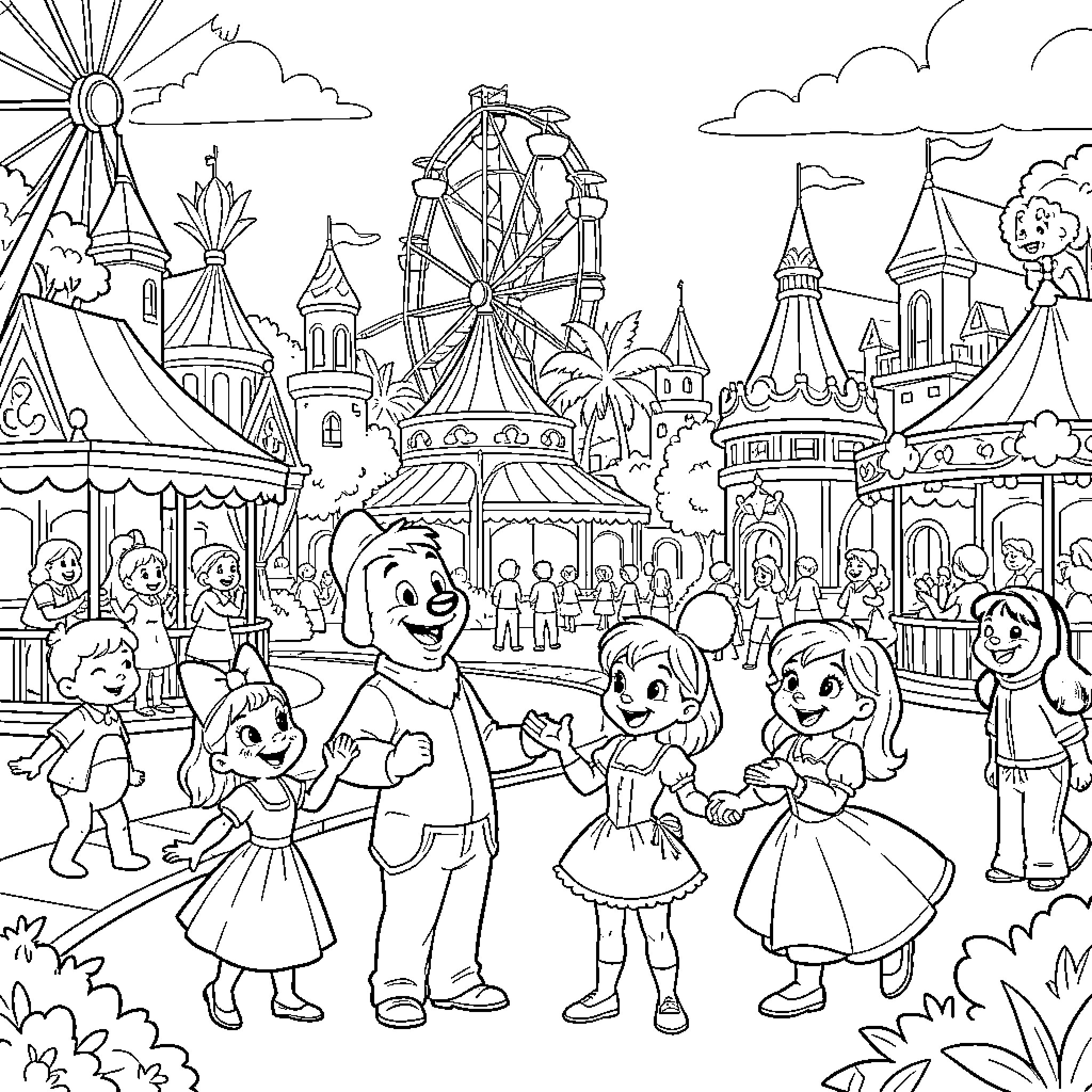 Disney Characters Enjoying a Day at the Amusement Park Coloring Page (free black-and-white line drawing printable PDF for all, from beginners to advanced learners, including children, teens, adults, and seniors)