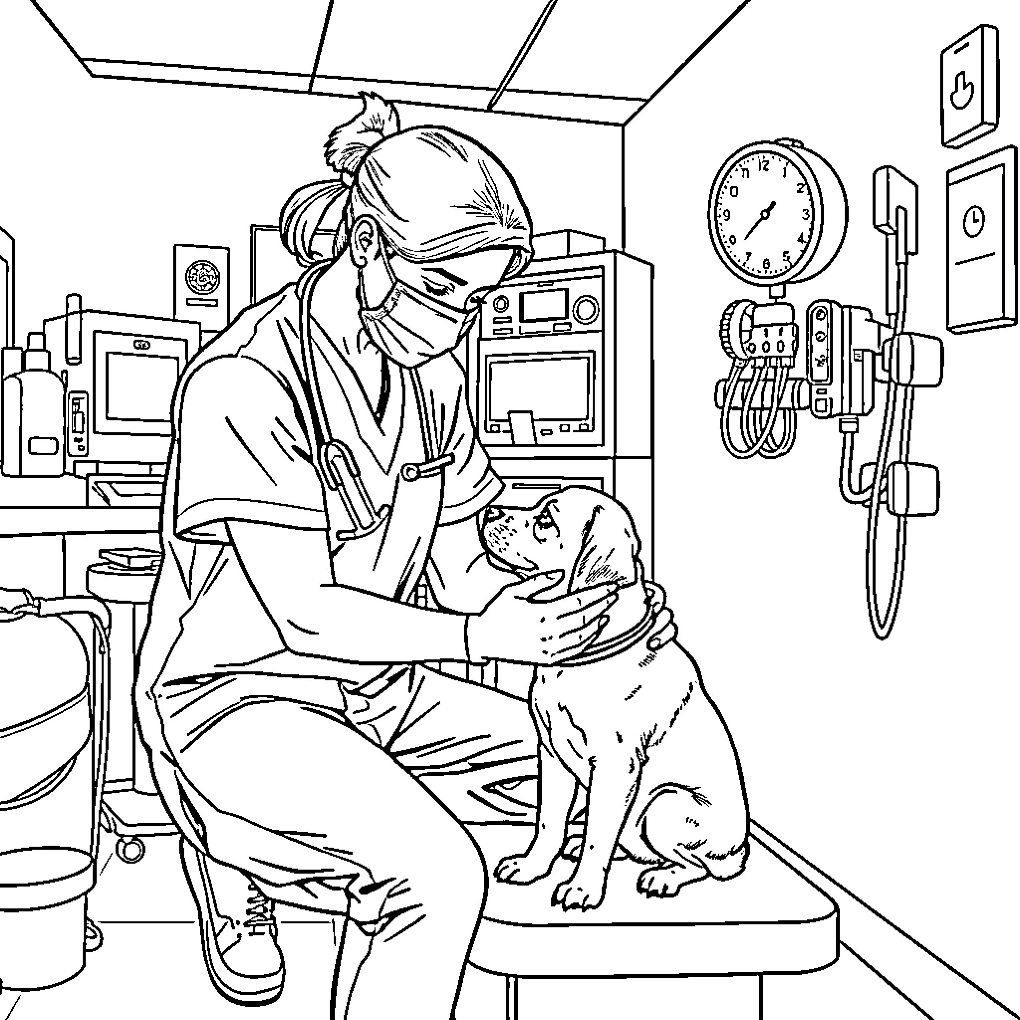 Veterinarian examining patient in medical office Coloring Page (free black-and-white line drawing printable PDF for all, from beginners to advanced learners, including children, teens, adults, and seniors)