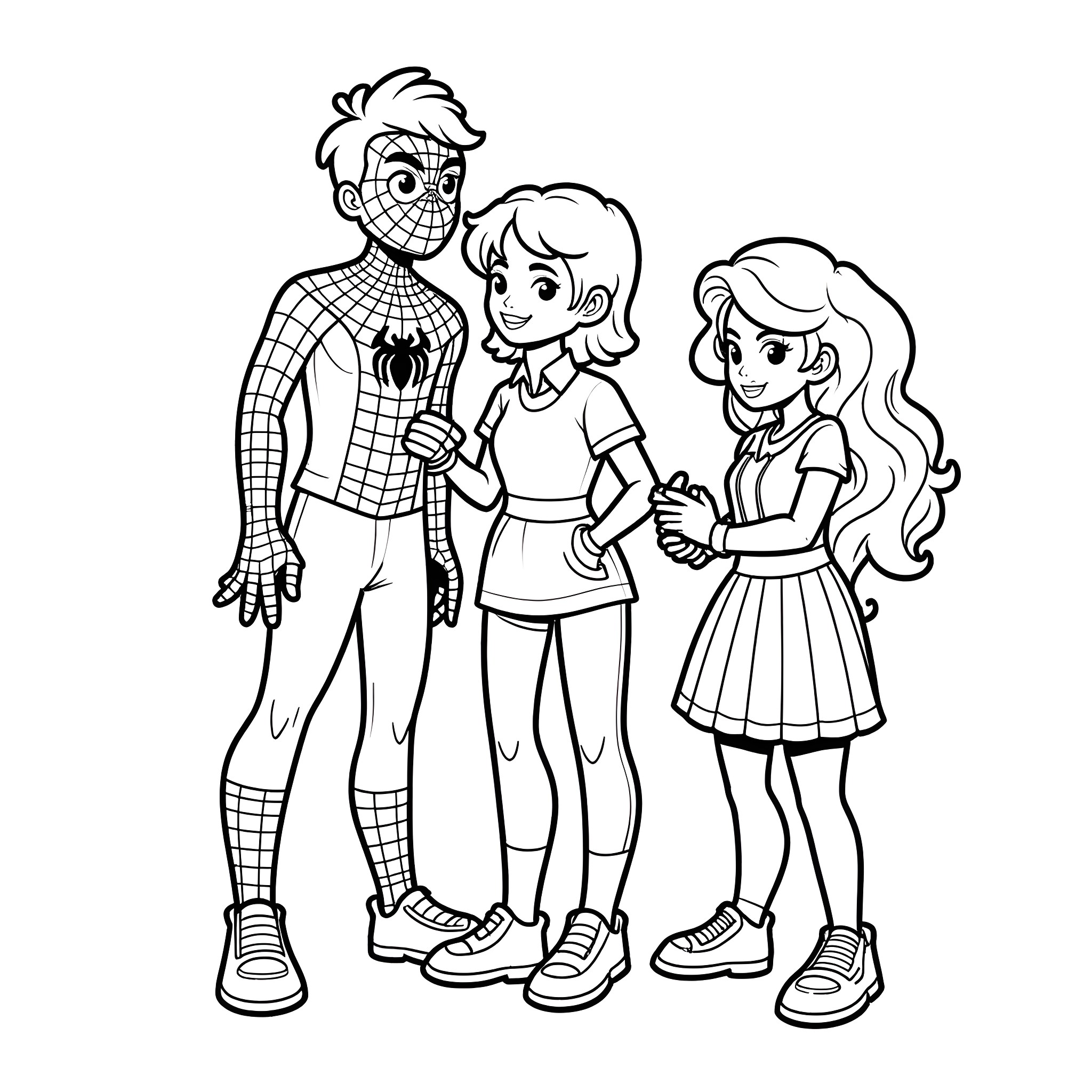 Spider-themed friends enjoying an adventure Coloring Page (free black-and-white line drawing printable PDF for all, from beginners to advanced learners, including children, teens, adults, and seniors)