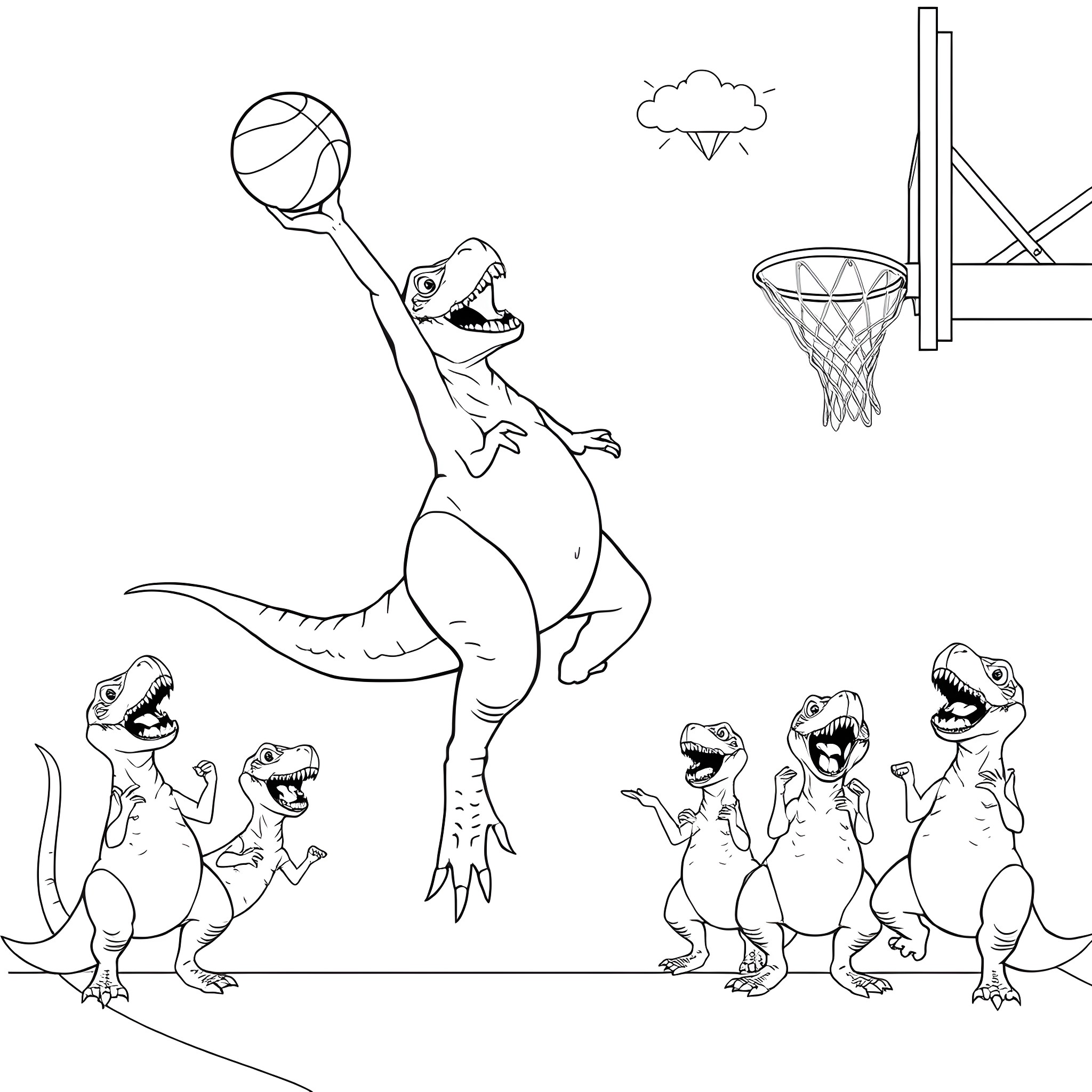 T-Rex Playing Basketball with Dinosaur Friends Coloring Page (free black-and-white line drawing printable PDF for all, from beginners to advanced learners, including children, teens, adults, and seniors)