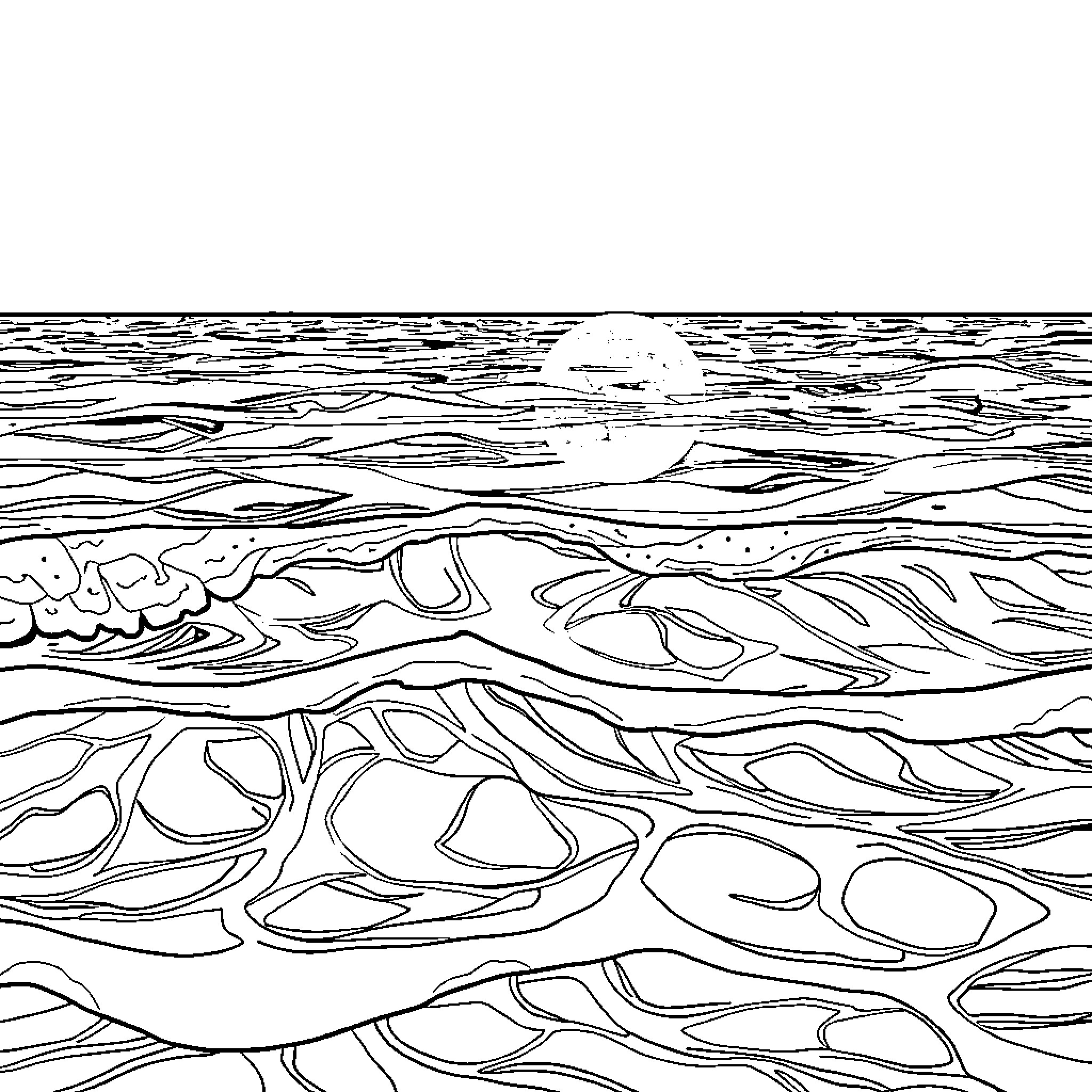 Ocean waves and rocks on the shore Coloring Page (free black-and-white line drawing printable PDF for all, from beginners to advanced learners, including children, teens, adults, and seniors)