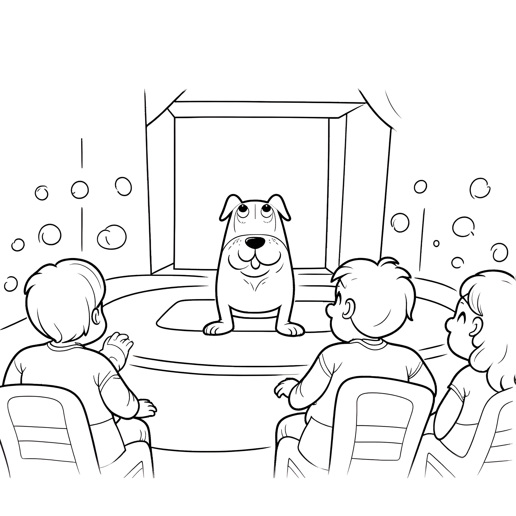 Dog Performing on Stage for Audience Coloring Page (free black-and-white line drawing printable PDF for all, from beginners to advanced learners, including children, teens, adults, and seniors)