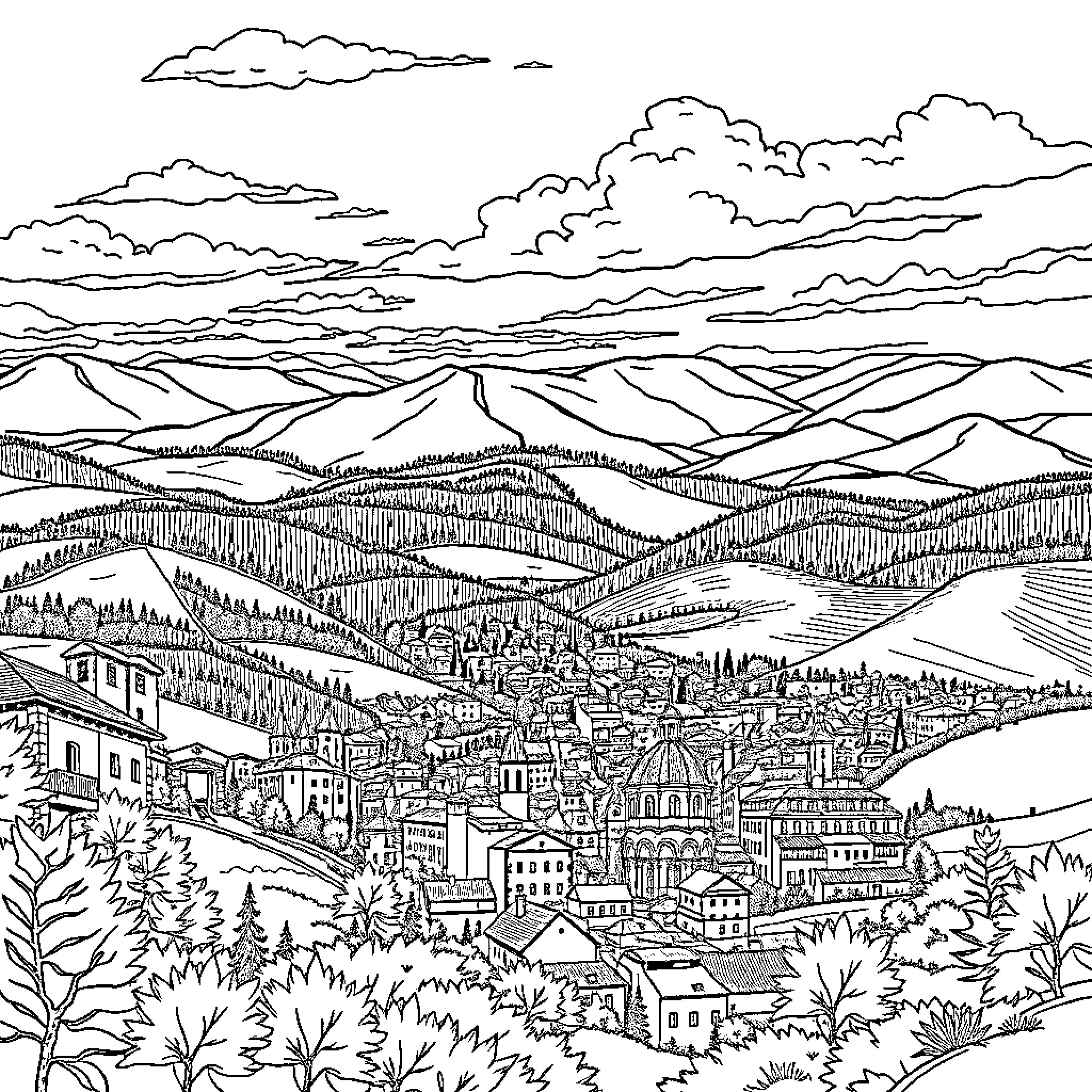 Serbia: Scenic Mountain Landscape with Cityscape Coloring Page (free black-and-white line drawing printable PDF for all, from beginners to advanced learners, including children, teens, adults, and seniors)
