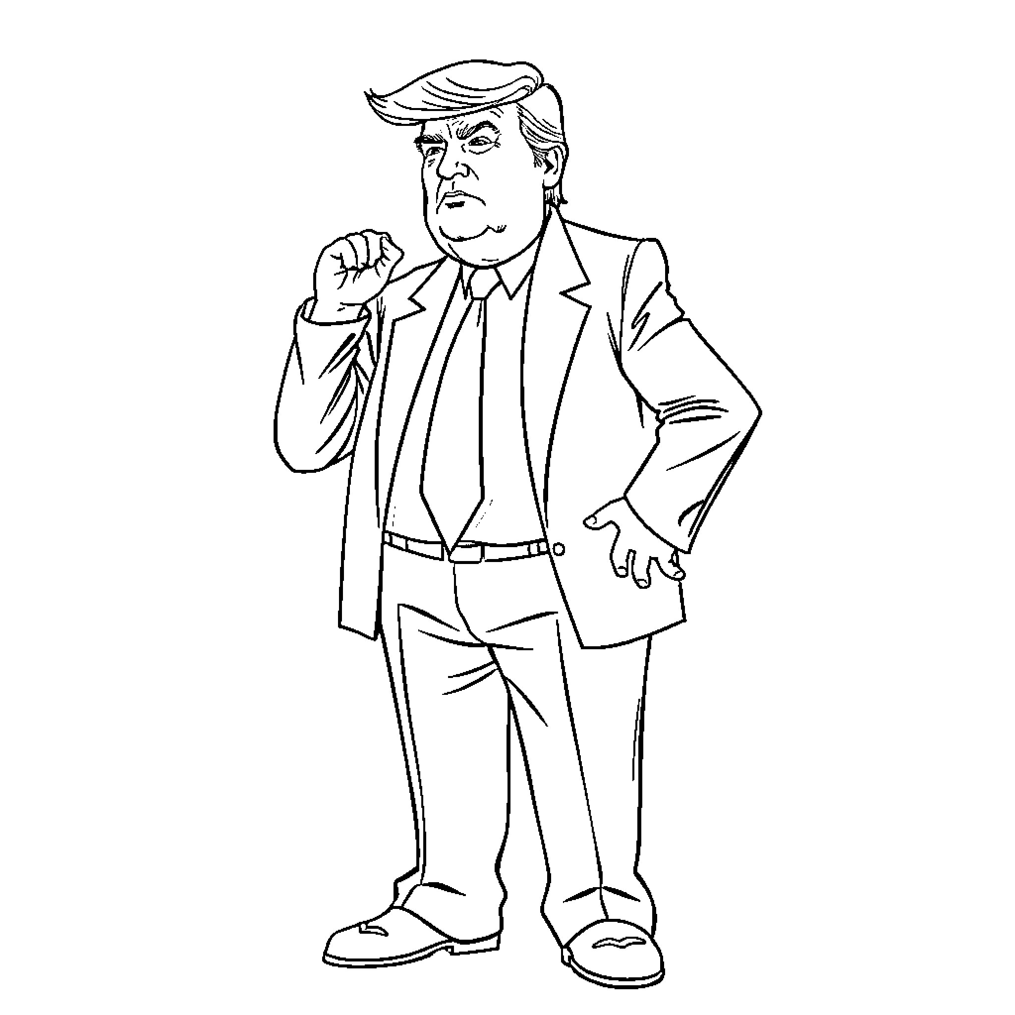Trump in Suit Making Assertive Gesture Coloring Page (free black-and-white line drawing printable PDF for all, from beginners to advanced learners, including children, teens, adults, and seniors)