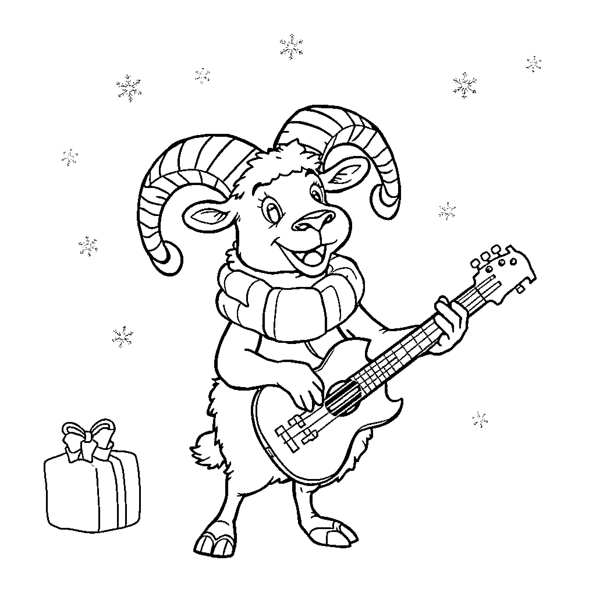 Ram playing guitar and holding present Coloring Page (free black-and-white line drawing printable PDF for all, from beginners to advanced learners, including children, teens, adults, and seniors)
