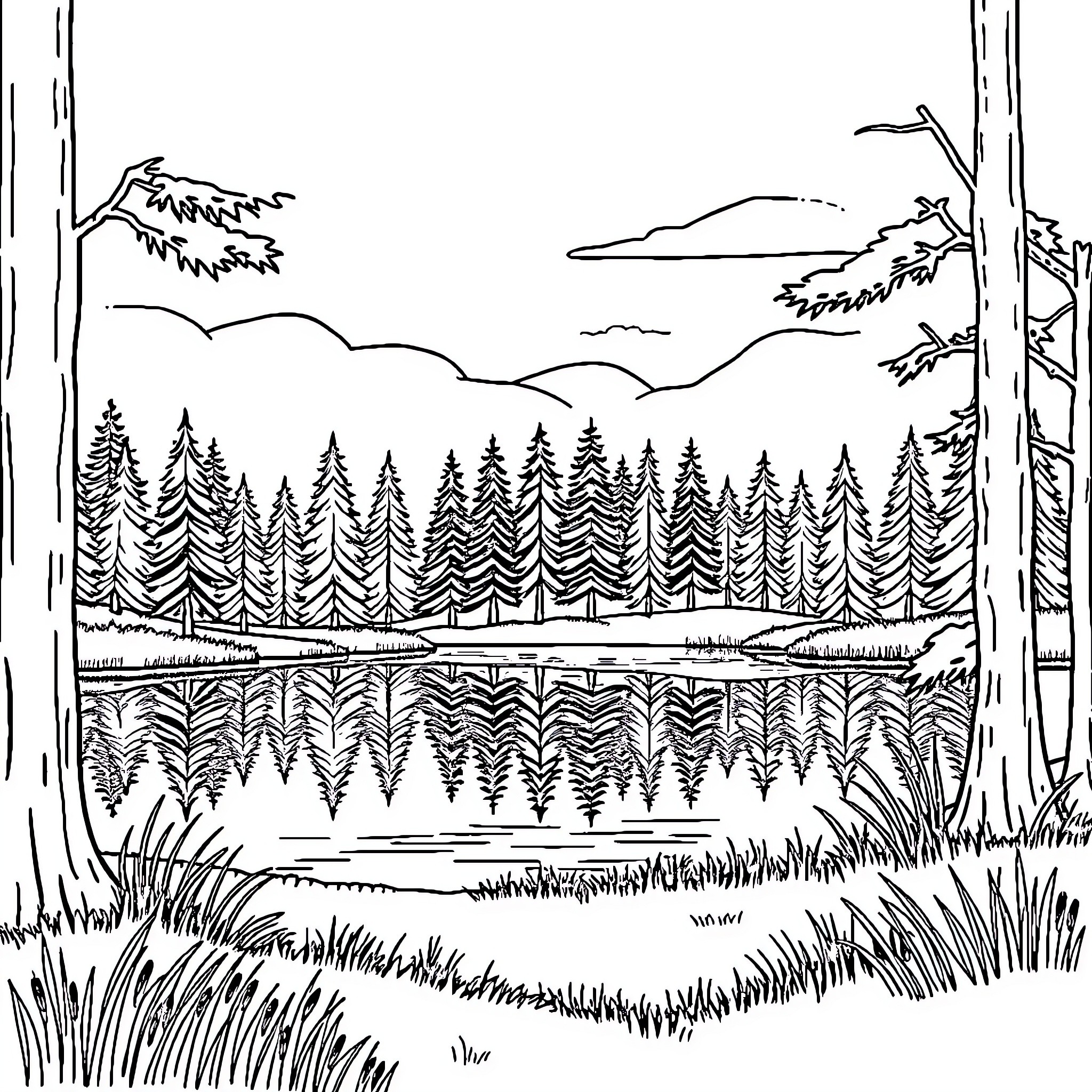 Lake with tranquil forest scenery Coloring Page (free black-and-white line drawing printable PDF for all, from beginners to advanced learners, including children, teens, adults, and seniors)