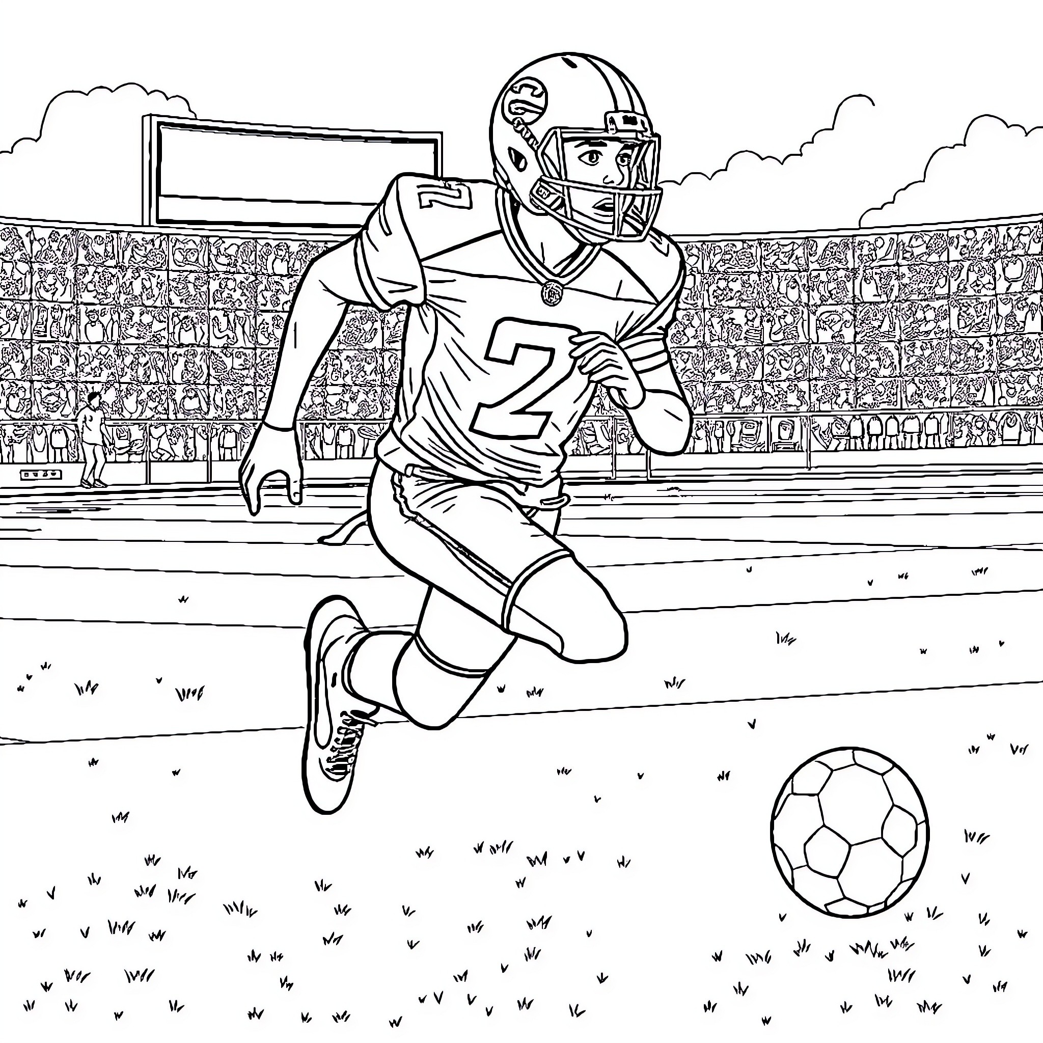 Football Player Running on the Field Coloring Page (free black-and-white line drawing printable PDF for all, from beginners to advanced learners, including children, teens, adults, and seniors)