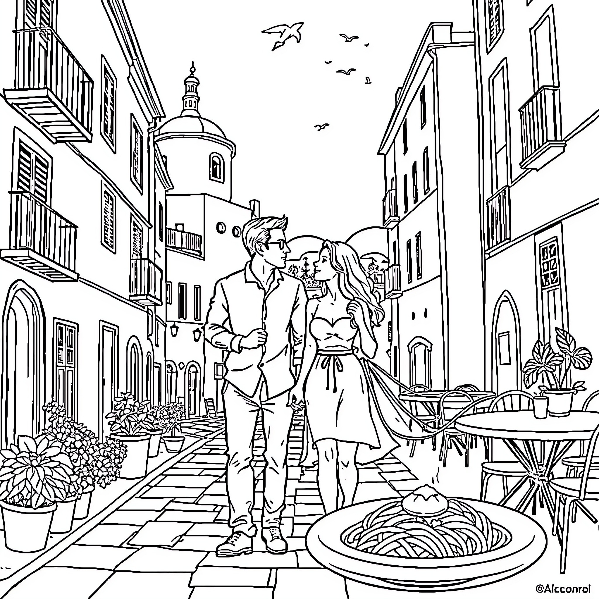 Couple strolling through a charming European city street Coloring Page (free black-and-white line drawing printable PDF for all, from beginners to advanced learners, including children, teens, adults, and seniors)