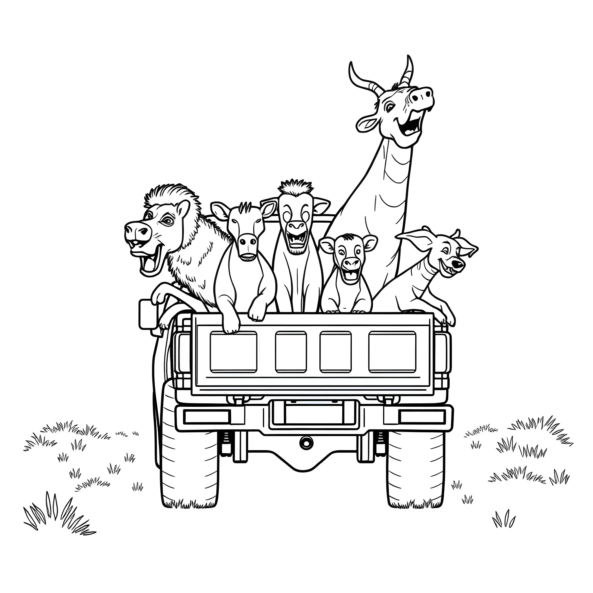 Animal friends riding a truck together Coloring Page (free black-and-white line drawing printable PDF for all, from beginners to advanced learners, including children, teens, adults, and seniors)