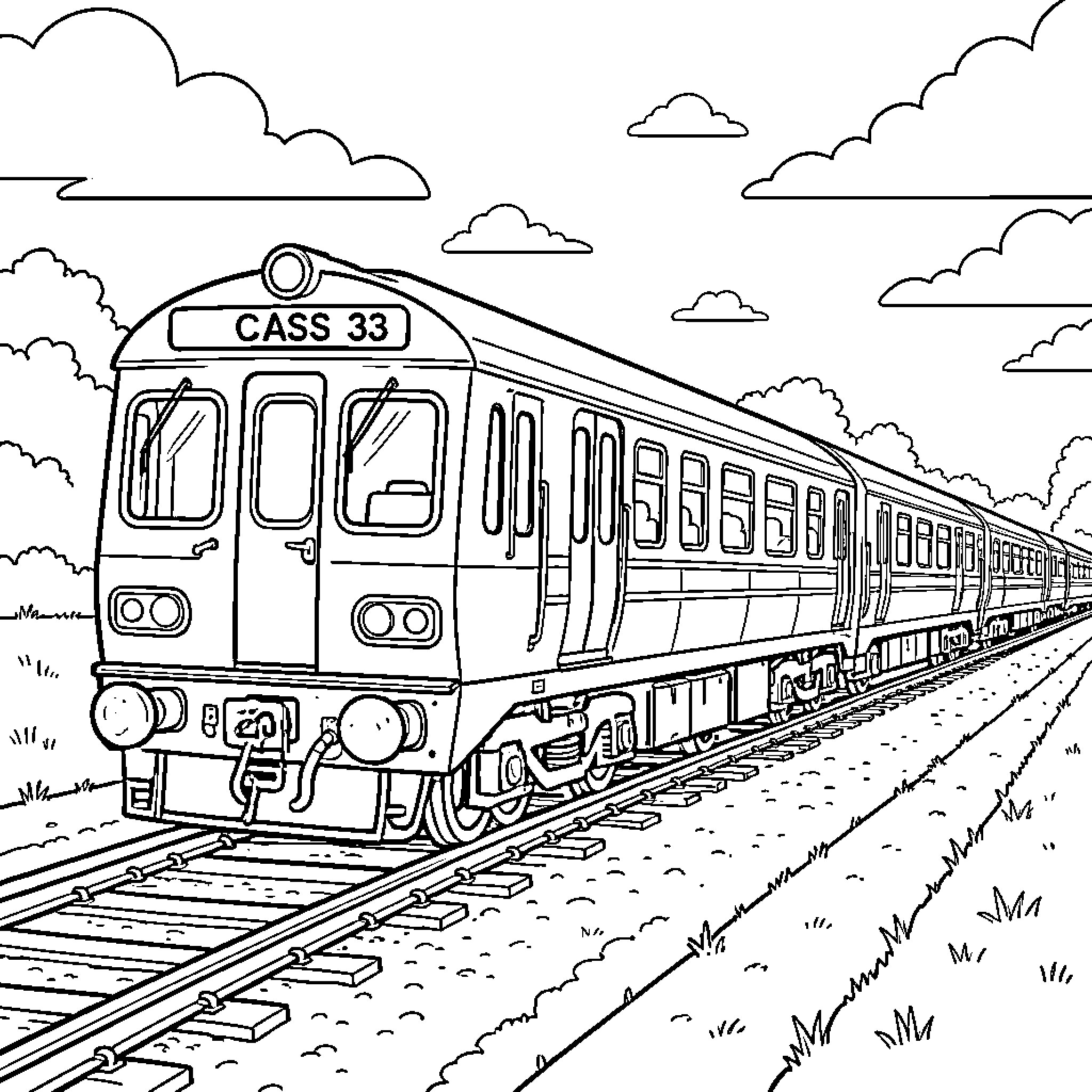 Class 33 train traveling along the railway tracks Coloring Page (free black-and-white line drawing printable PDF for all, from beginners to advanced learners, including children, teens, adults, and seniors)
