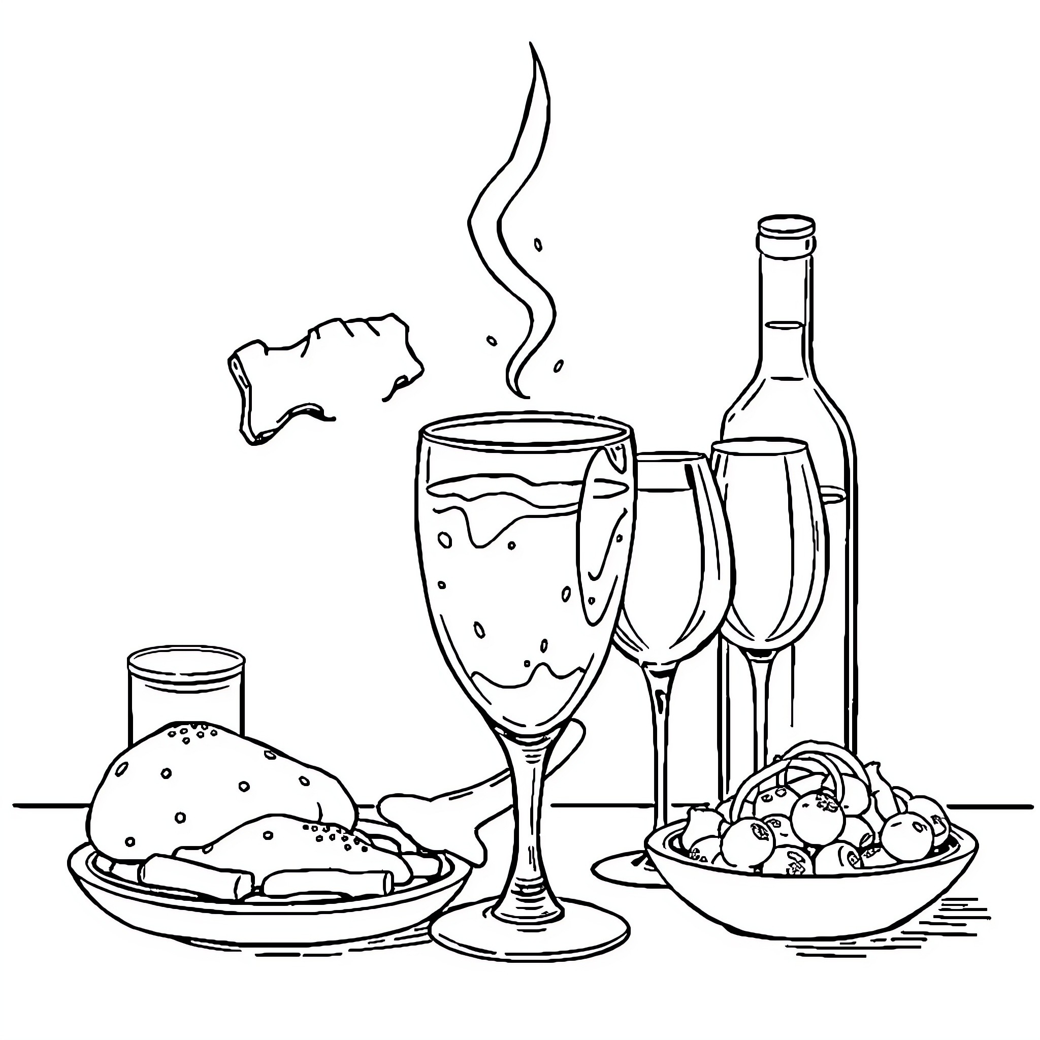 Brain enjoying a delicious meal and drinks Coloring Page (free black-and-white line drawing printable PDF for all, from beginners to advanced learners, including children, teens, adults, and seniors)