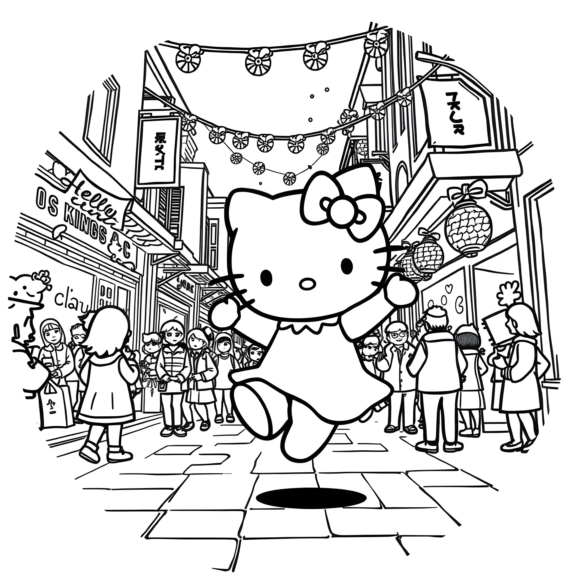 Kitsch Hello Kitty in a Lively Street Scene Coloring Page (free black-and-white line drawing printable PDF for all, from beginners to advanced learners, including children, teens, adults, and seniors)