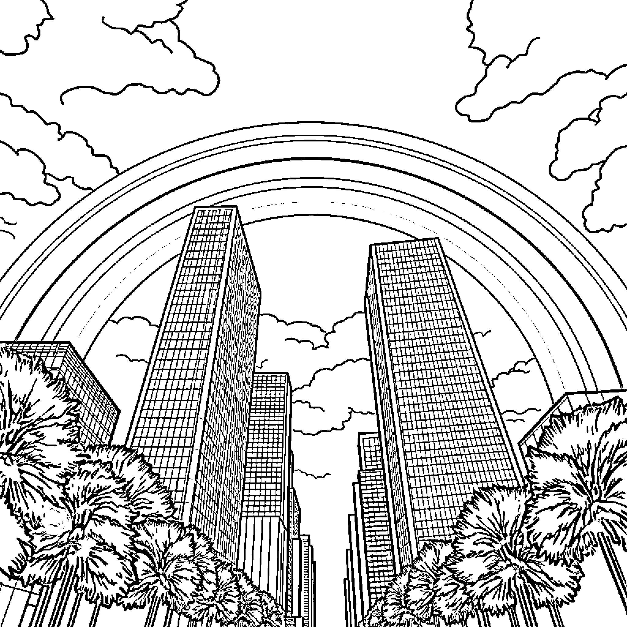 Architecture with towering city skyscrapers and rainbow Coloring Page (free black-and-white line drawing printable PDF for all, from beginners to advanced learners, including children, teens, adults, and seniors)