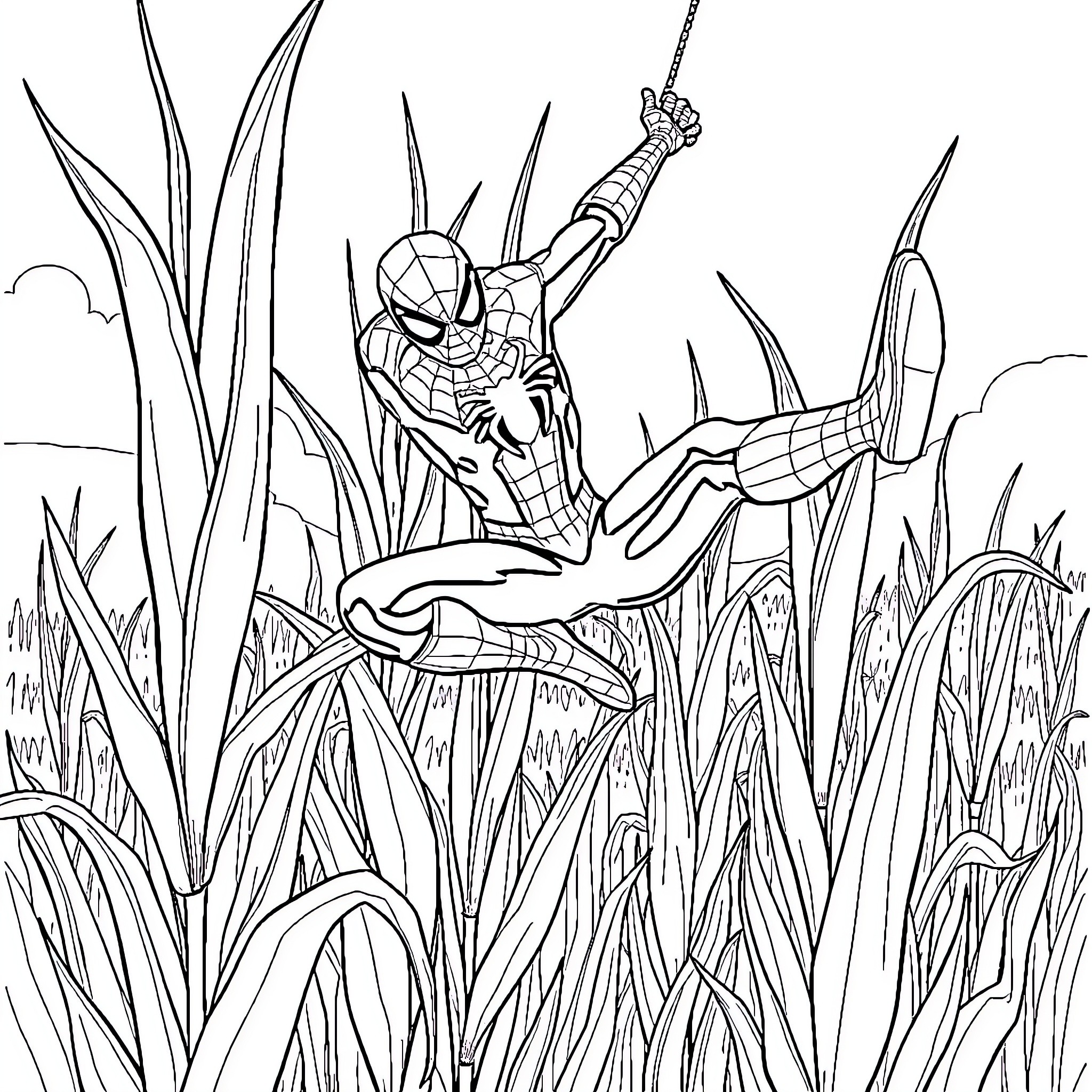 Spider-Man swinging through the city landscape Coloring Page (free black-and-white line drawing printable PDF for all, from beginners to advanced learners, including children, teens, adults, and seniors)