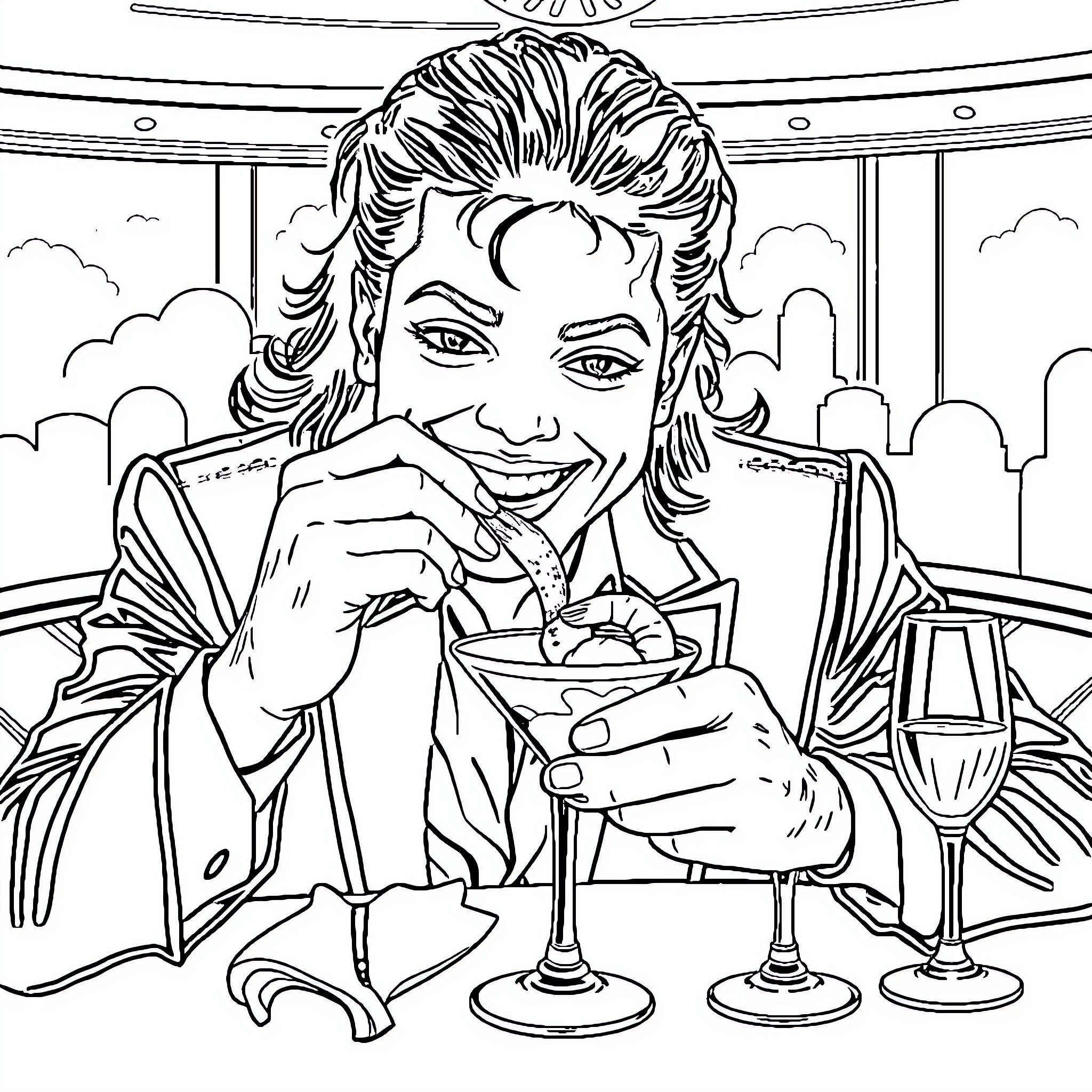 Michael Jackson enjoying a meal and drinks at a fancy restaurant Coloring Page (free black-and-white line drawing printable PDF for all, from beginners to advanced learners, including children, teens, adults, and seniors)