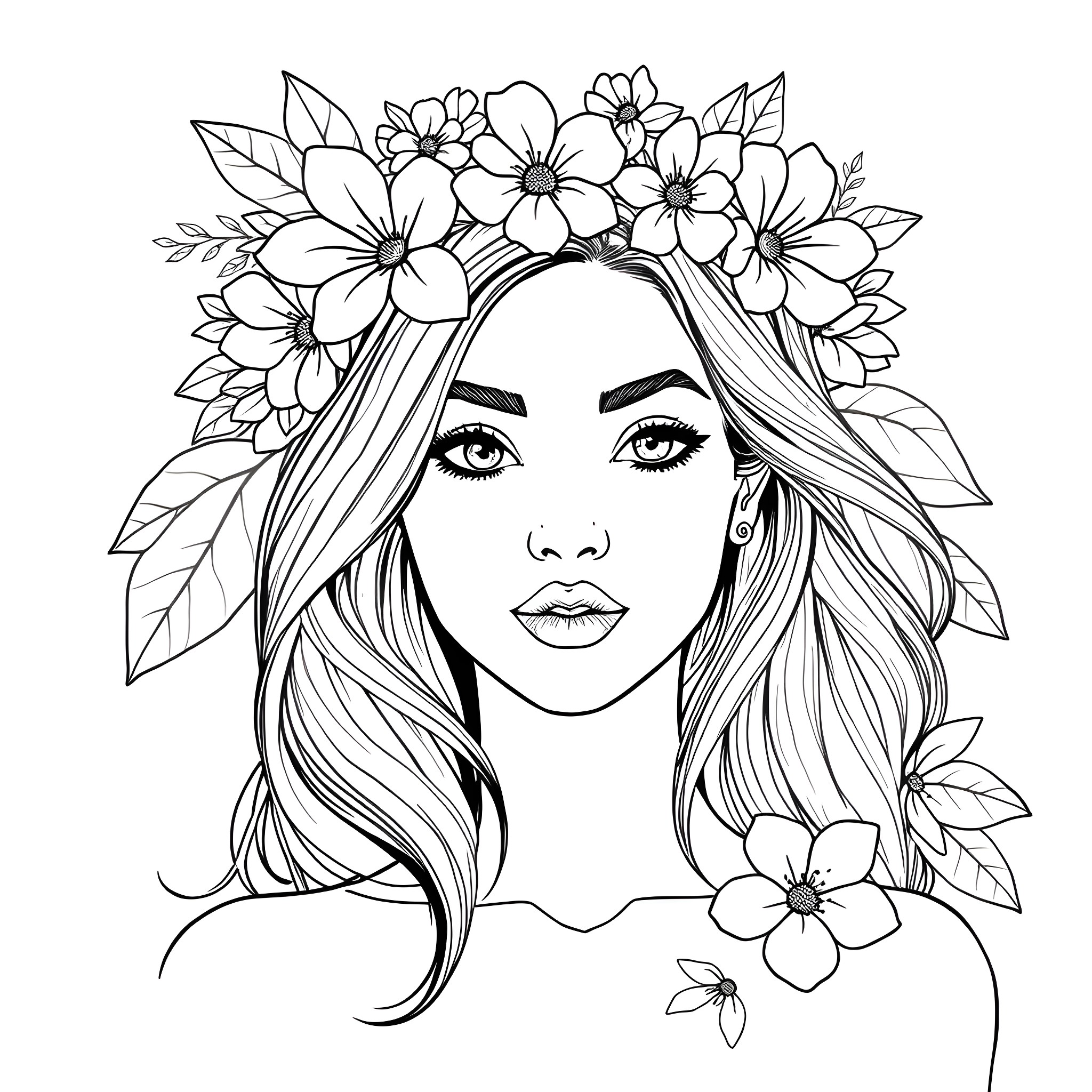Woman with floral crown and flowing hair Coloring Page (free black-and-white line drawing printable PDF for all, from beginners to advanced learners, including children, teens, adults, and seniors)