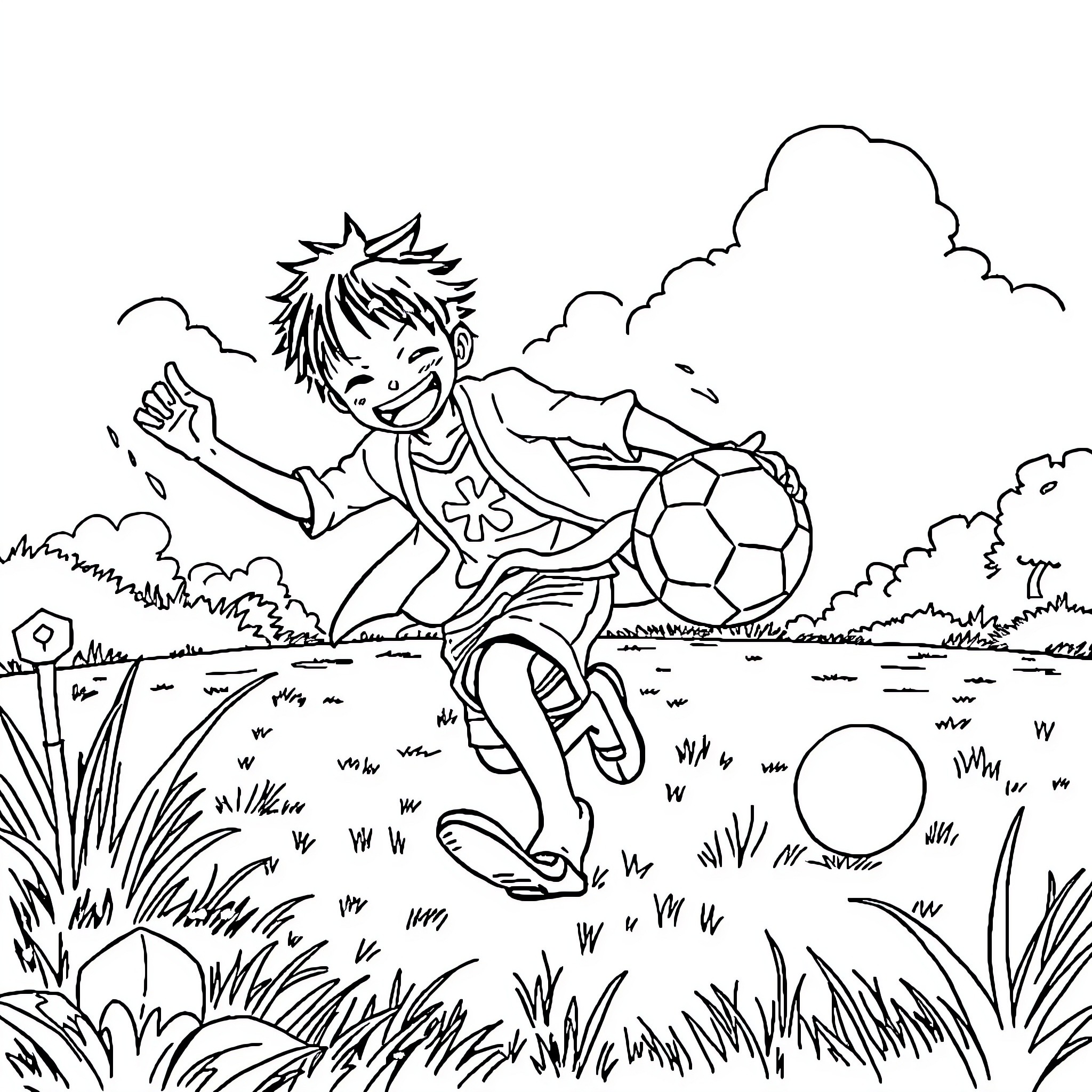 Luffy playing joyfully with soccer ball in outdoor field Coloring Page (free black-and-white line drawing printable PDF for all, from beginners to advanced learners, including children, teens, adults, and seniors)