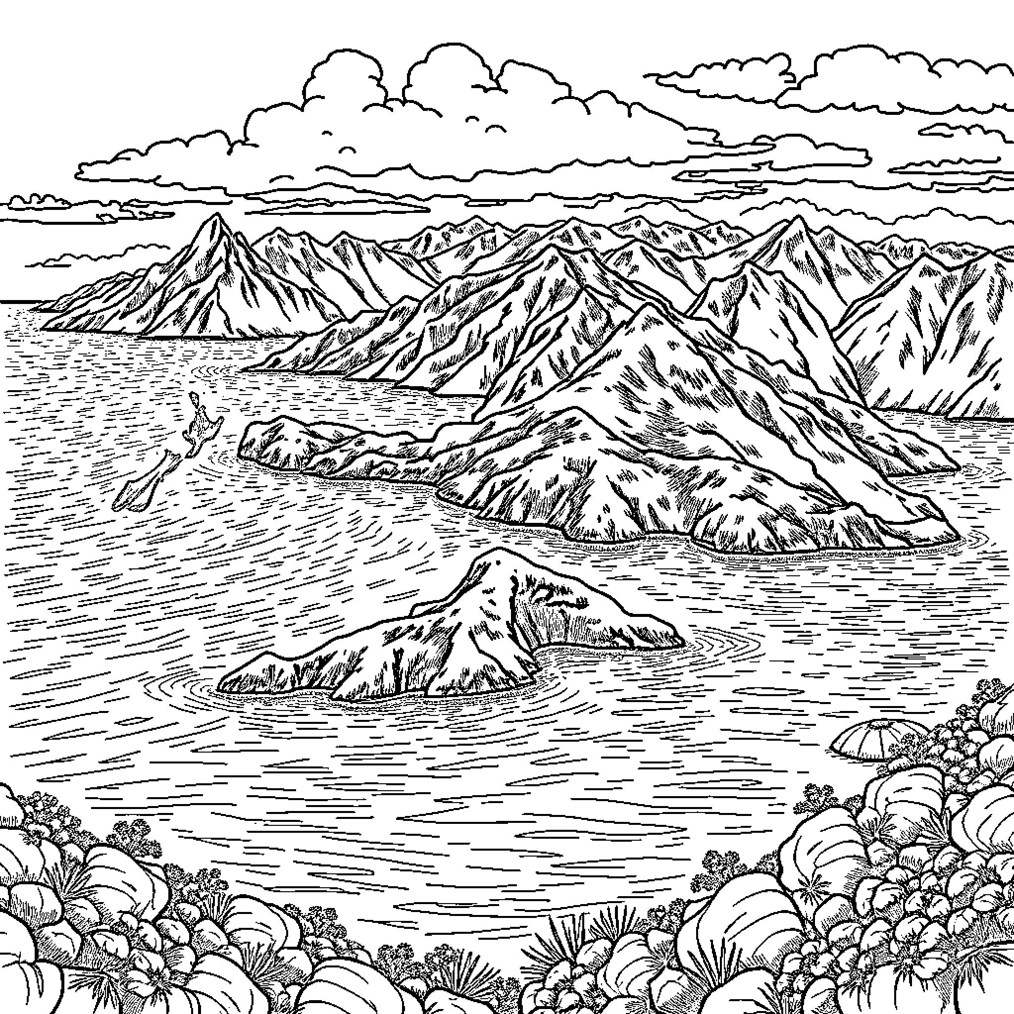 Island scenic landscape with mountainous terrain Coloring Page (free black-and-white line drawing printable PDF for all, from beginners to advanced learners, including children, teens, adults, and seniors)