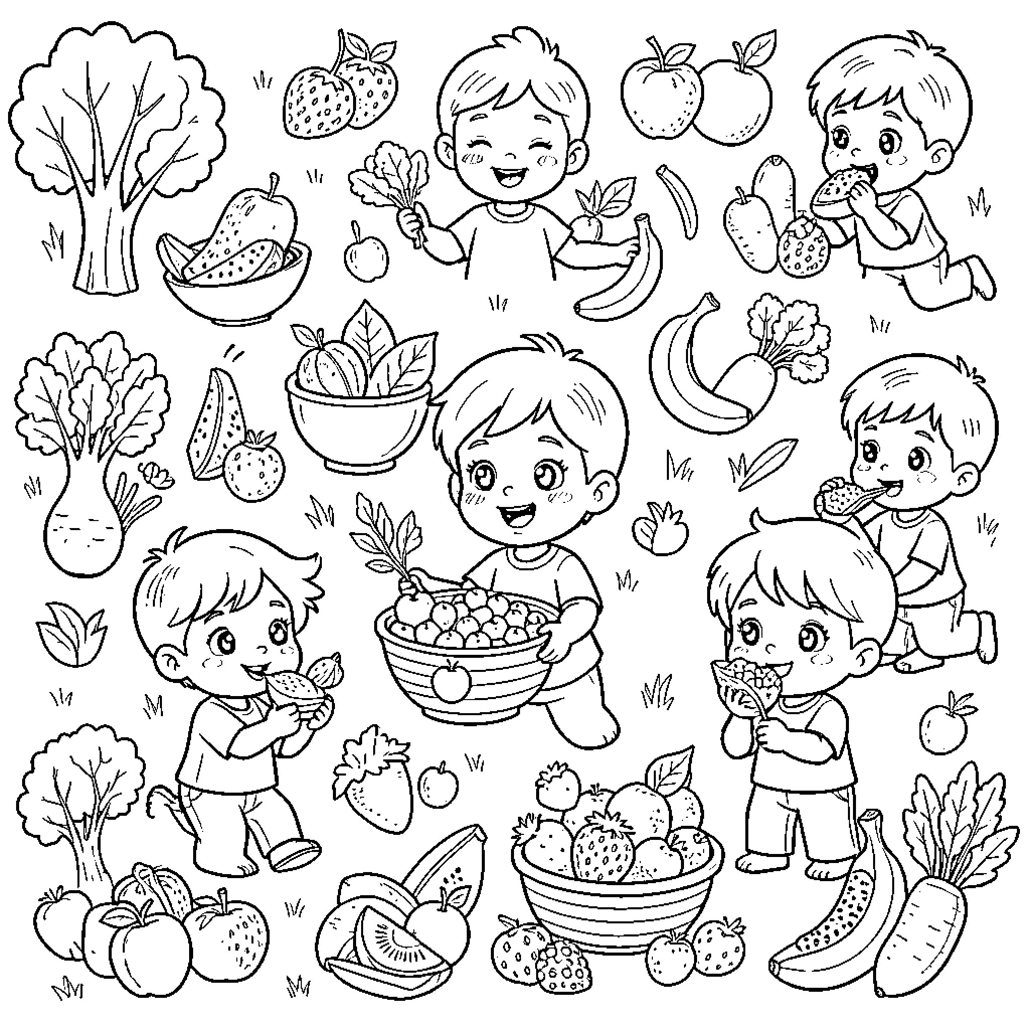 Healthy Habits: Children Enjoying Fruits and Vegetables Coloring Page (free black-and-white line drawing printable PDF for all, from beginners to advanced learners, including children, teens, adults, and seniors)