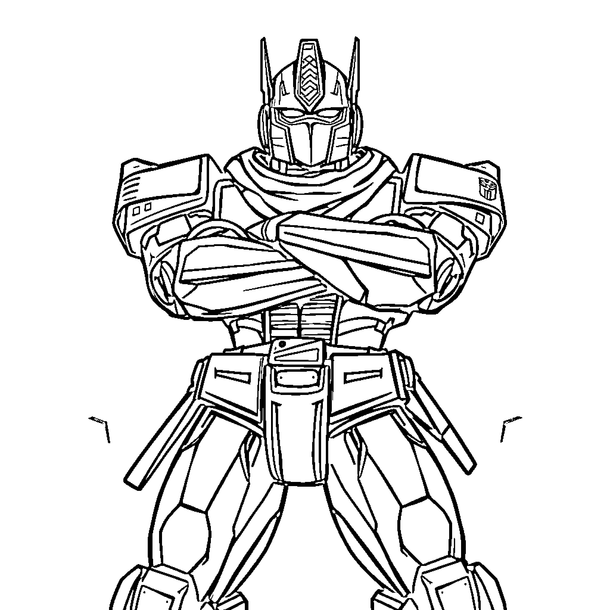 Optimus Prime Standing Tall and Ready for Action Coloring Page (free black-and-white line drawing printable PDF for all, from beginners to advanced learners, including children, teens, adults, and seniors)