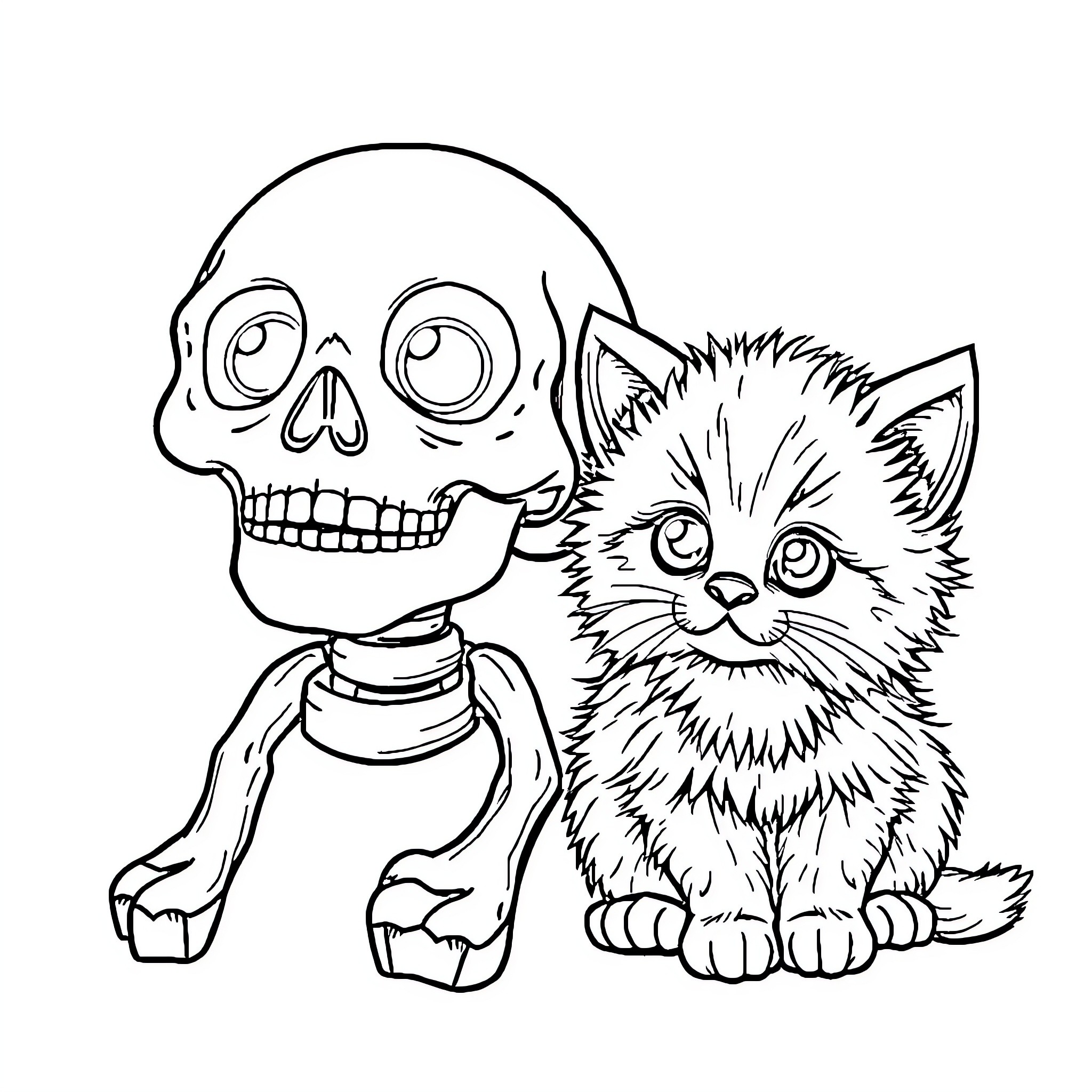 Skull skeleton and playful kitten Coloring Page (free black-and-white line drawing printable PDF for all, from beginners to advanced learners, including children, teens, adults, and seniors)