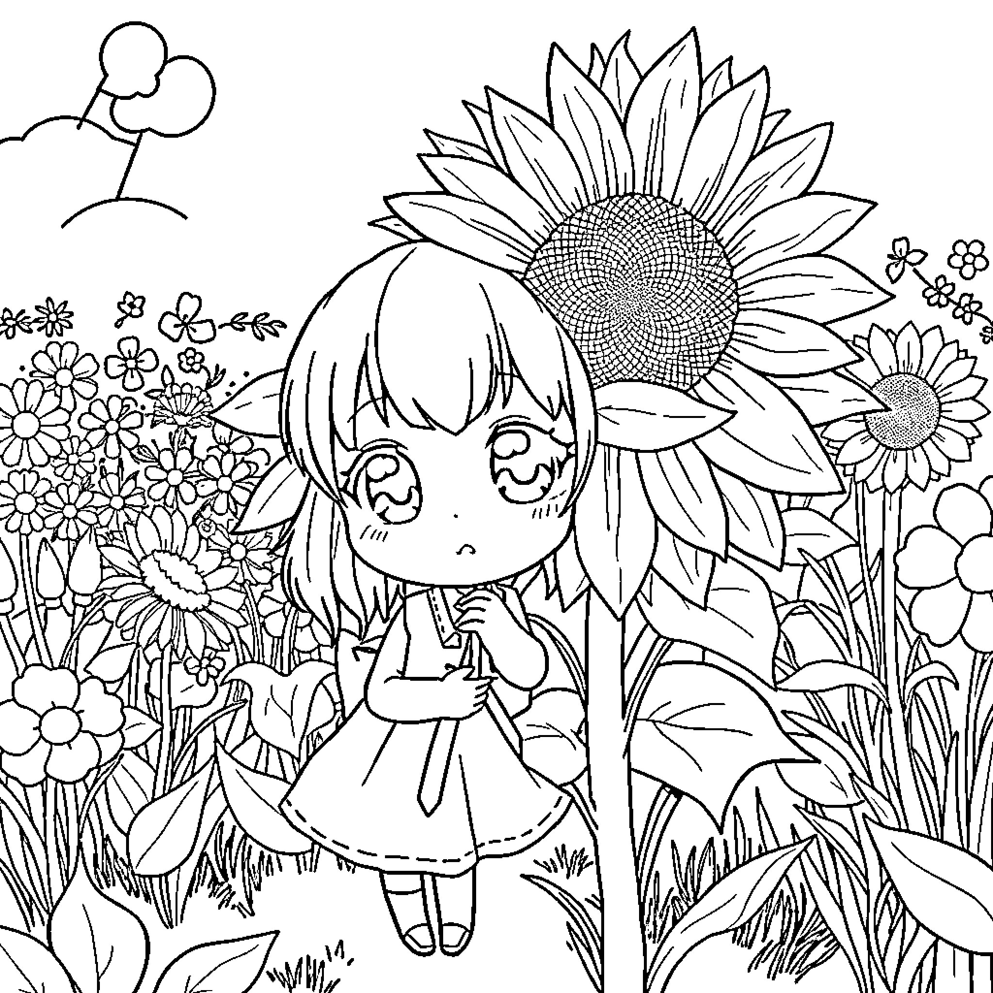 Anime Girl in a Flower Garden Coloring Page (free black-and-white line drawing printable PDF for all, from beginners to advanced learners, including children, teens, adults, and seniors)