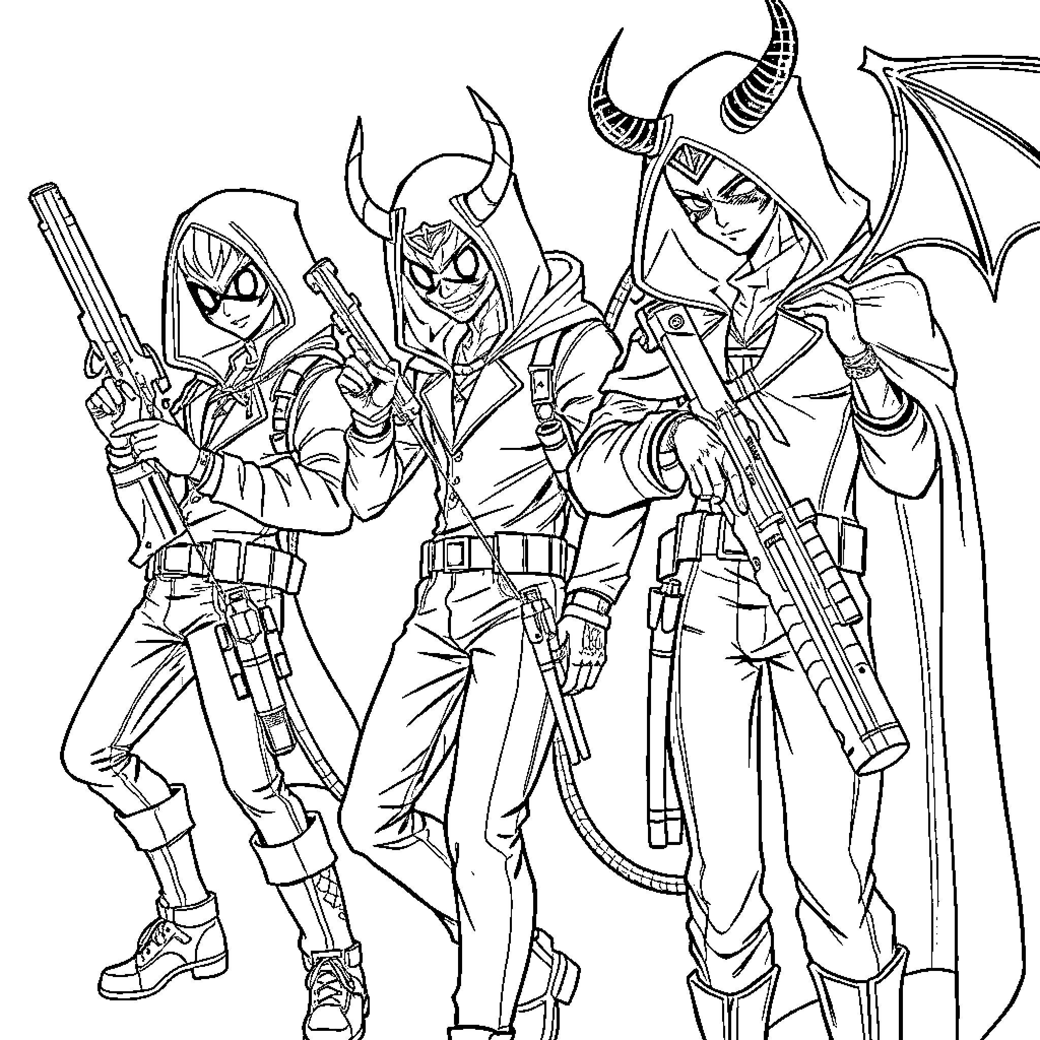 Kpop Demon Hunter: Fierce Warrior Trio in Action Coloring Page (free black-and-white line drawing printable PDF for all, from beginners to advanced learners, including children, teens, adults, and seniors)