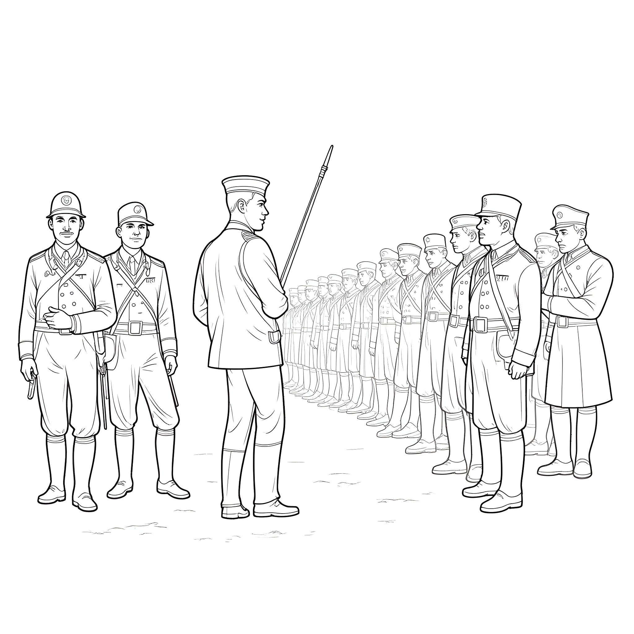 Juneteenth celebration with military personnel in uniform Coloring Page (free black-and-white line drawing printable PDF for all, from beginners to advanced learners, including children, teens, adults, and seniors)