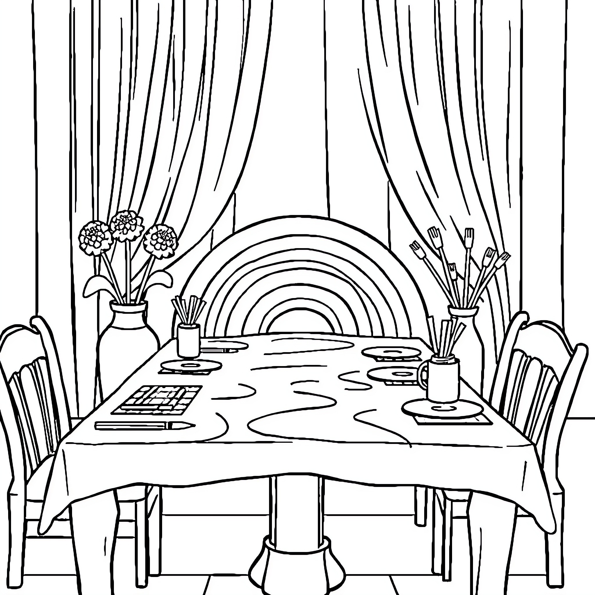 Rainbow Dining Room with Floral Decor Coloring Page (free black-and-white line drawing printable PDF for all, from beginners to advanced learners, including children, teens, adults, and seniors)