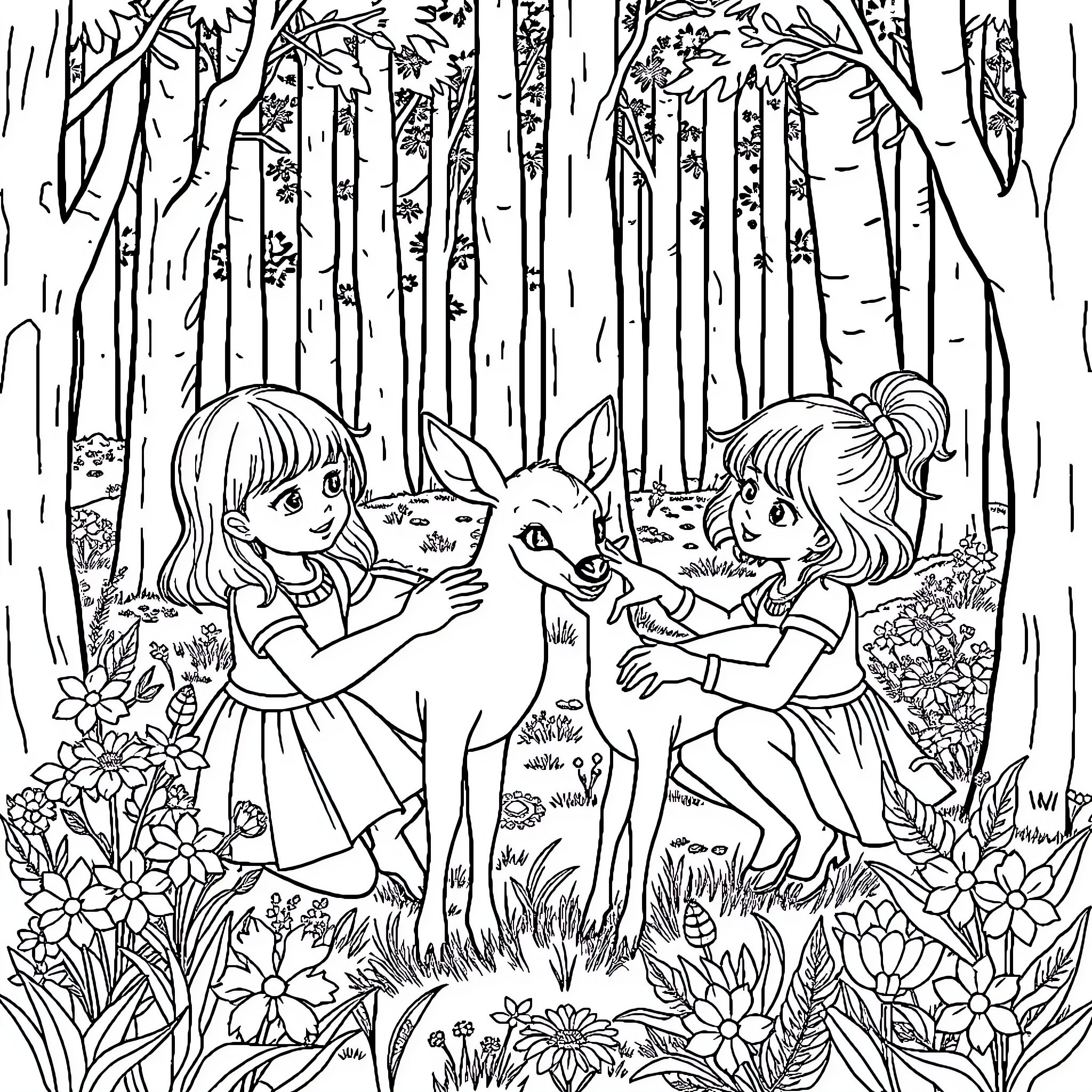 Girls petting deer in forest with flowers Coloring Page (free black-and-white line drawing printable PDF for all, from beginners to advanced learners, including children, teens, adults, and seniors)