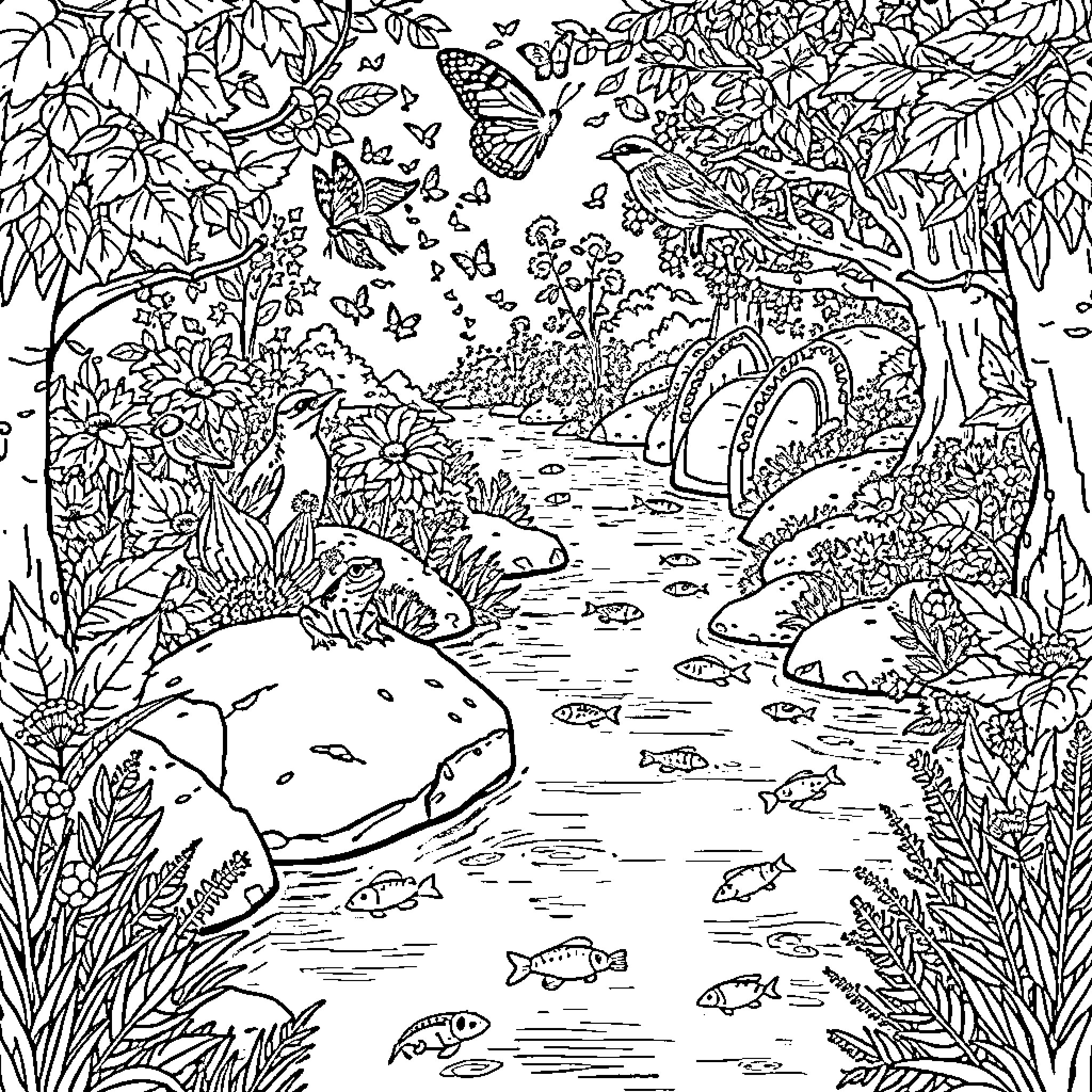 River Flowing Through Lush Landscape with Wildlife Coloring Page (free black-and-white line drawing printable PDF for all, from beginners to advanced learners, including children, teens, adults, and seniors)