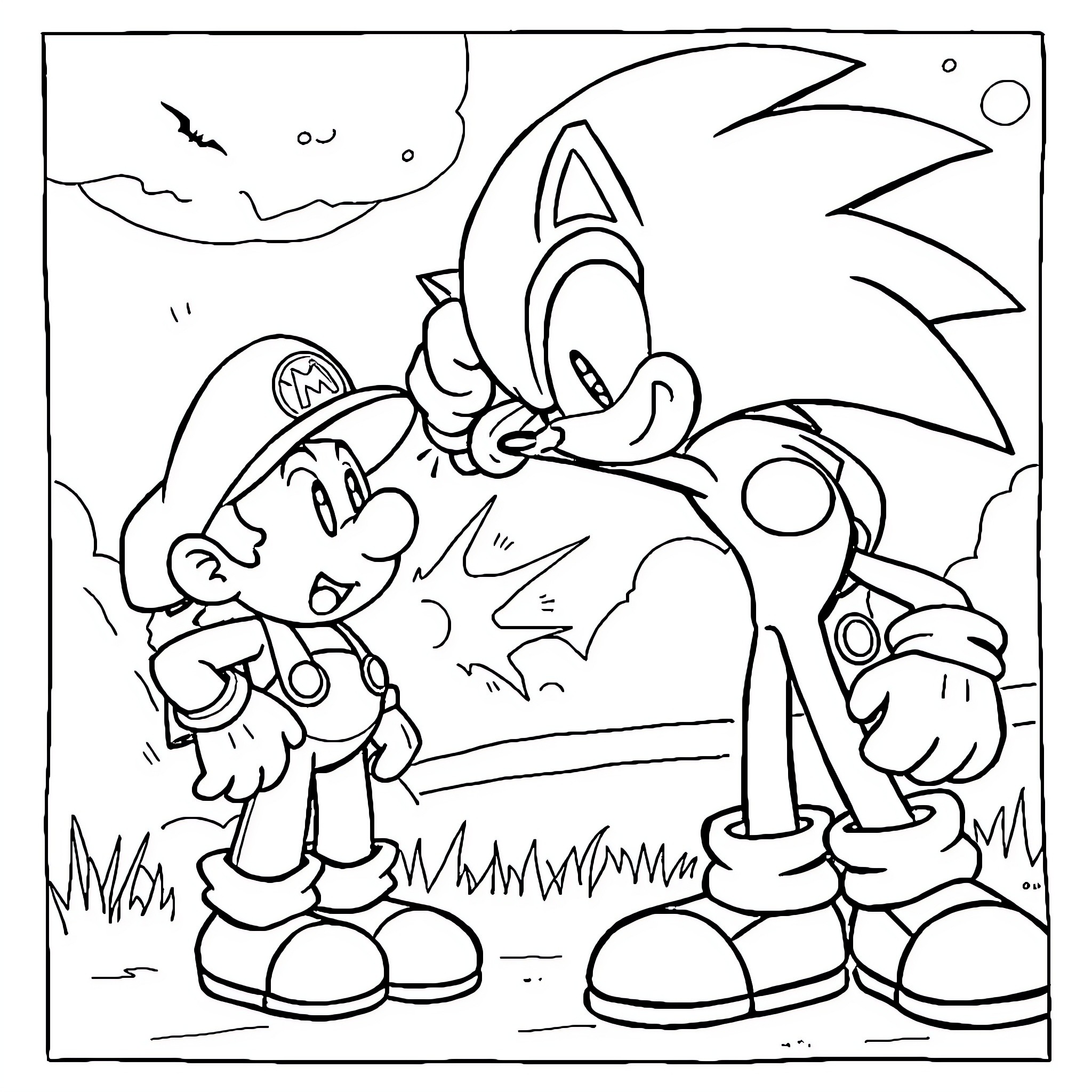 Sonic confronting an adversary in an outdoor setting Coloring Page (free black-and-white line drawing printable PDF for all, from beginners to advanced learners, including children, teens, adults, and seniors)