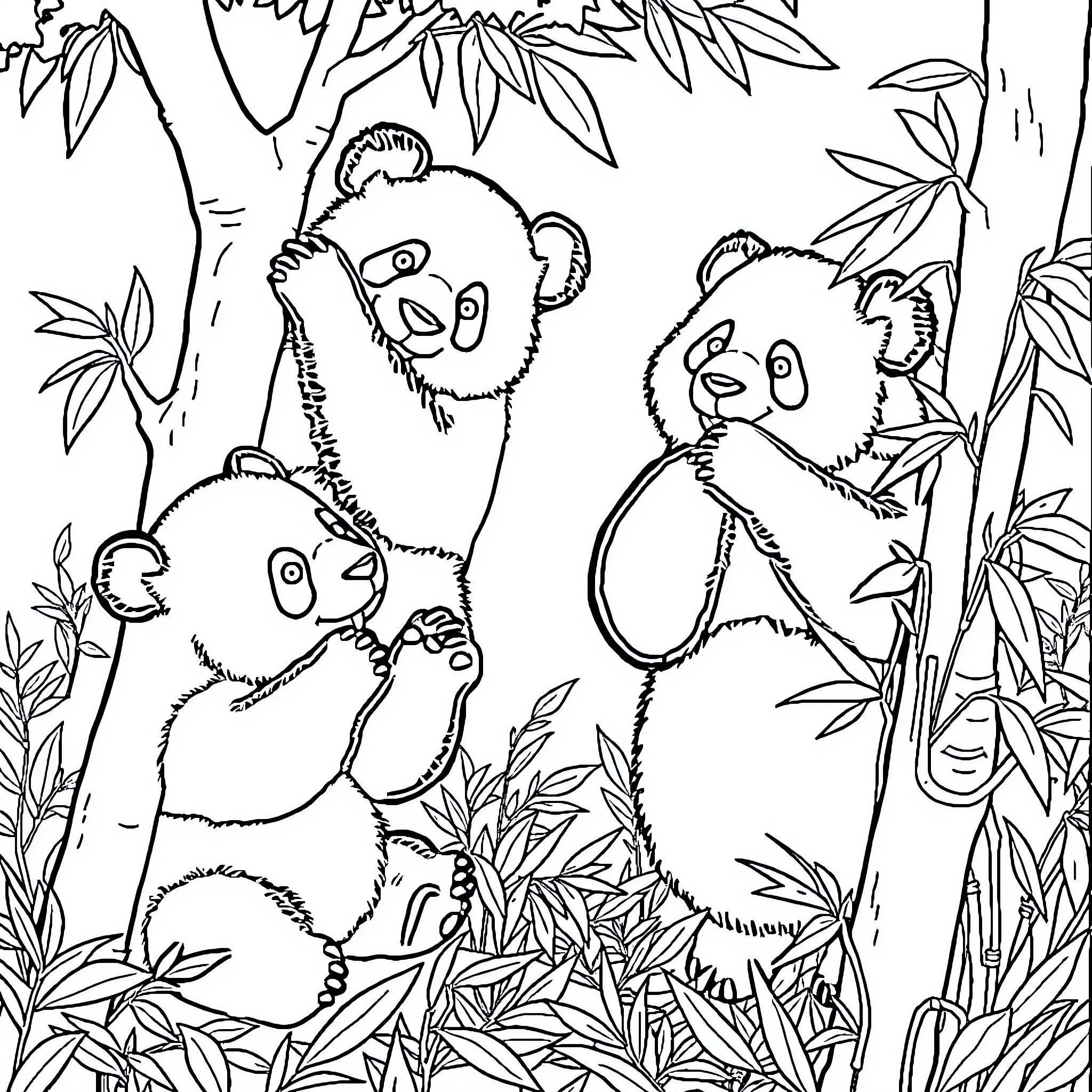 Panda bears playing in the bamboo forest Coloring Page (free black-and-white line drawing printable PDF for all, from beginners to advanced learners, including children, teens, adults, and seniors)