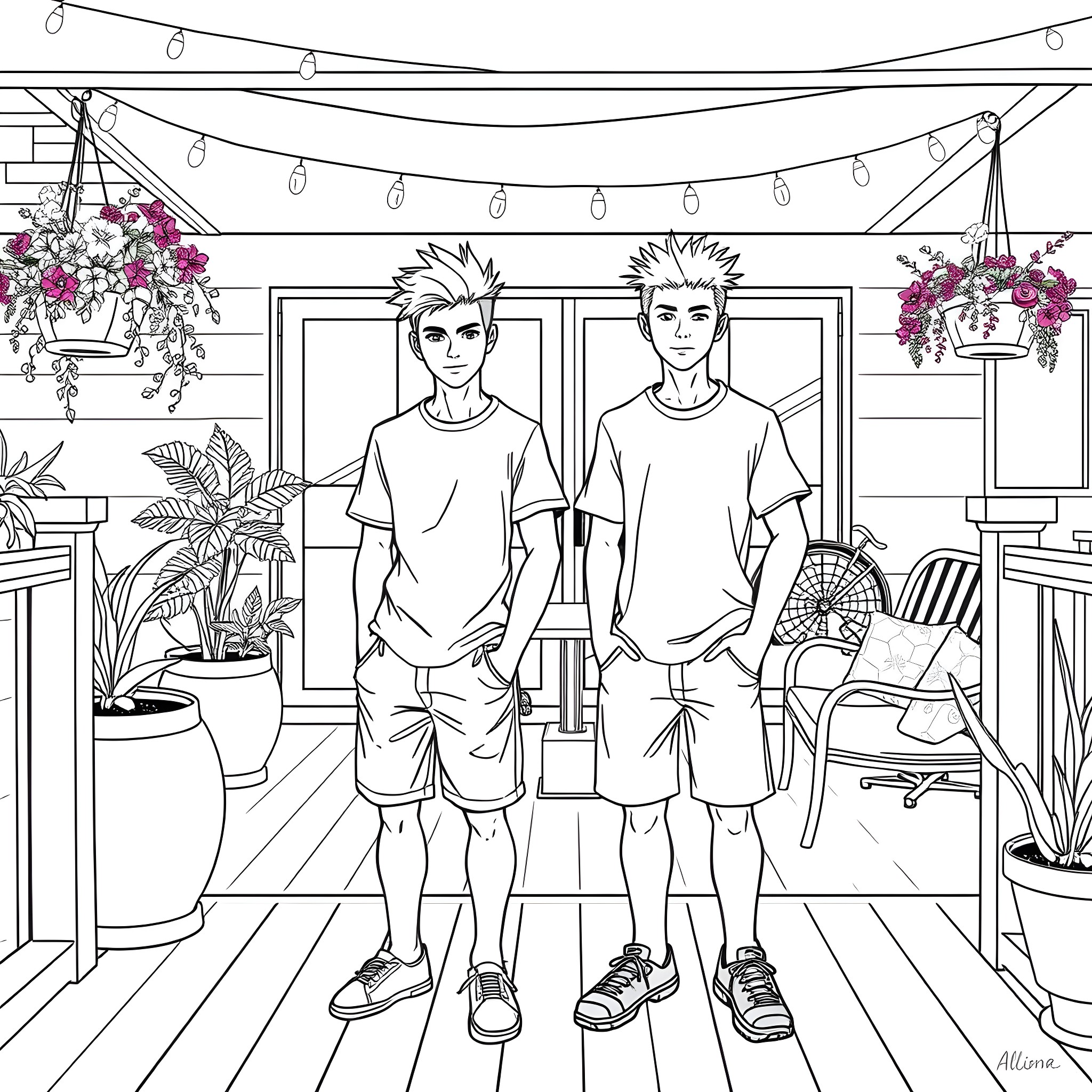 Teen Guys in Casual Outfits at a Cozy Home Interior Coloring Page (free black-and-white line drawing printable PDF for all, from beginners to advanced learners, including children, teens, adults, and seniors)