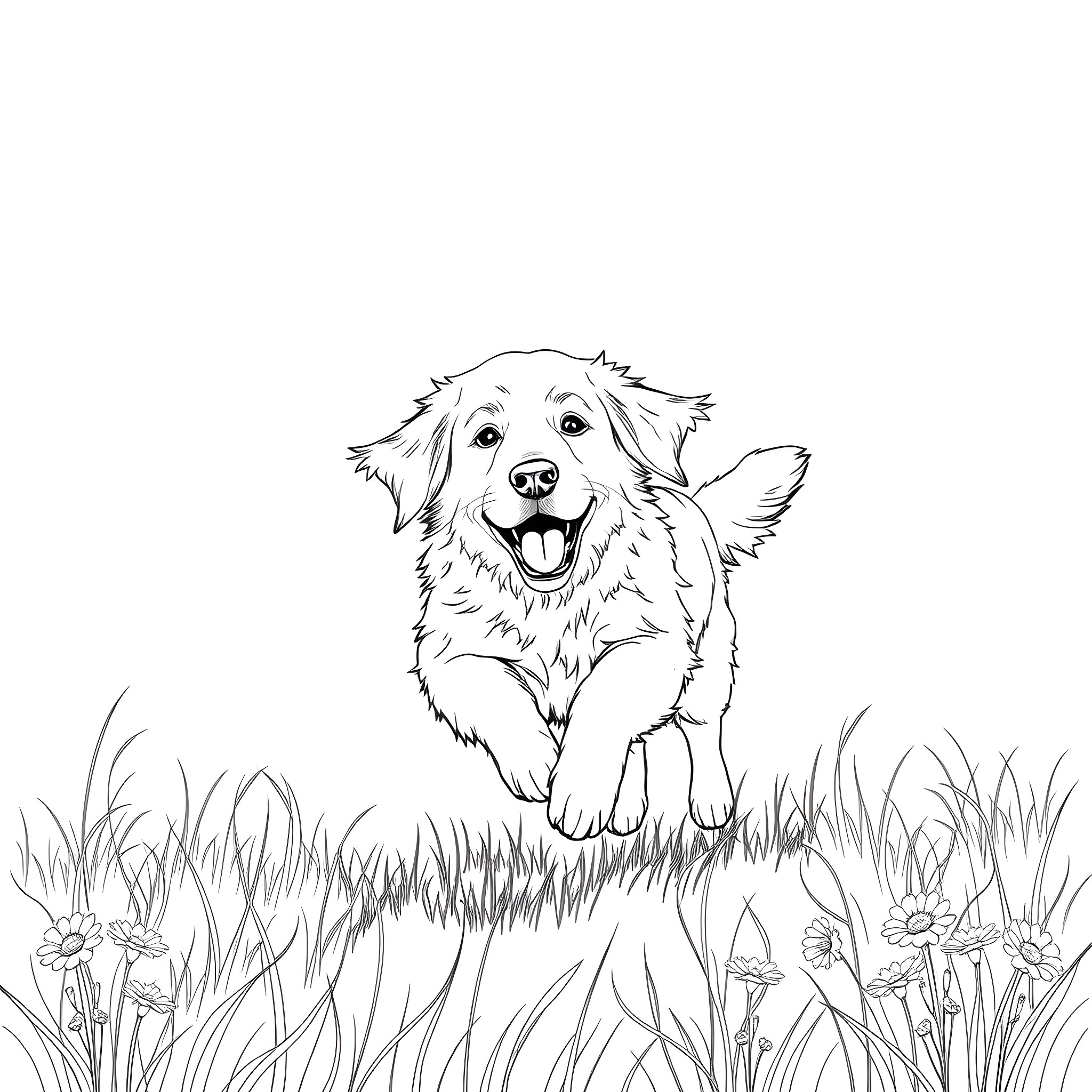 Golden Retriever playing joyfully in the meadow Coloring Page (free black-and-white line drawing printable PDF for all, from beginners to advanced learners, including children, teens, adults, and seniors)