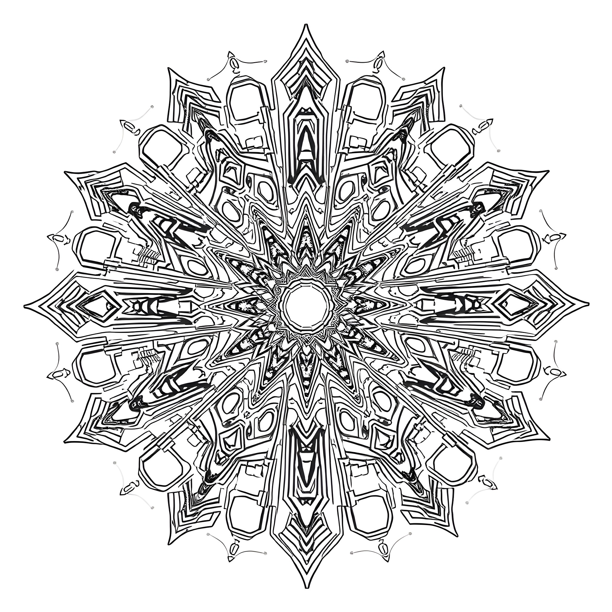 Mandala with intricate symmetrical patterns Coloring Page (free black-and-white line drawing printable PDF for all, from beginners to advanced learners, including children, teens, adults, and seniors)