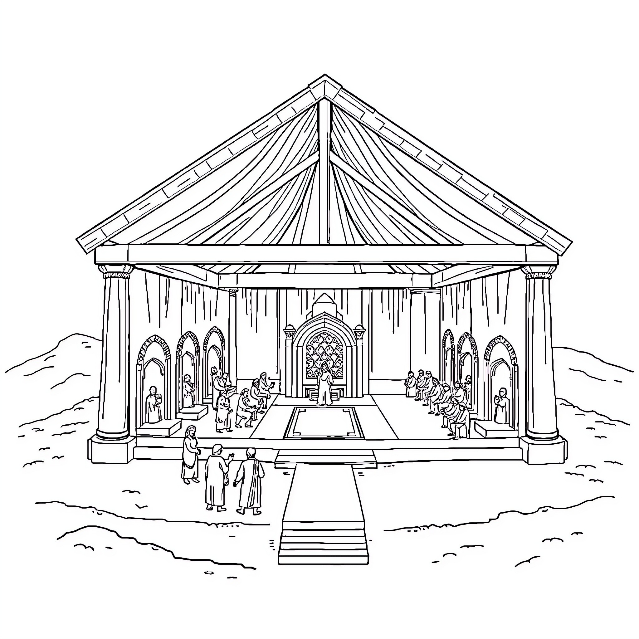 Tabernacle with worshippers and religious figures Coloring Page (free black-and-white line drawing printable PDF for all, from beginners to advanced learners, including children, teens, adults, and seniors)