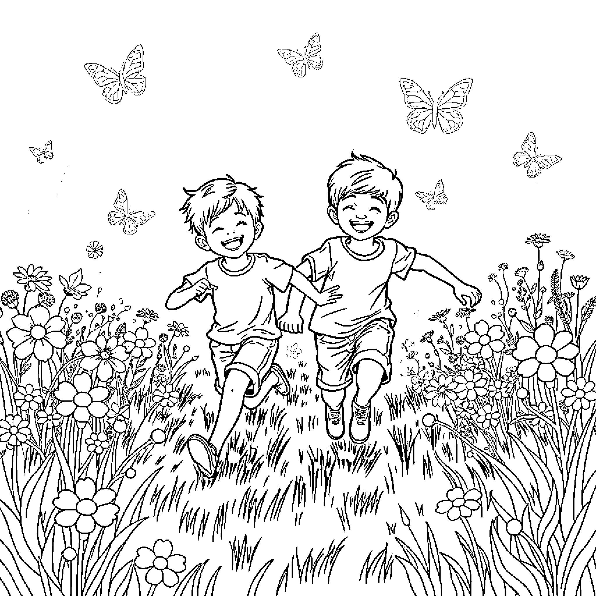 Boys playing joyfully in a garden filled with flowers and butterflies Coloring Page (free black-and-white line drawing printable PDF for all, from beginners to advanced learners, including children, teens, adults, and seniors)