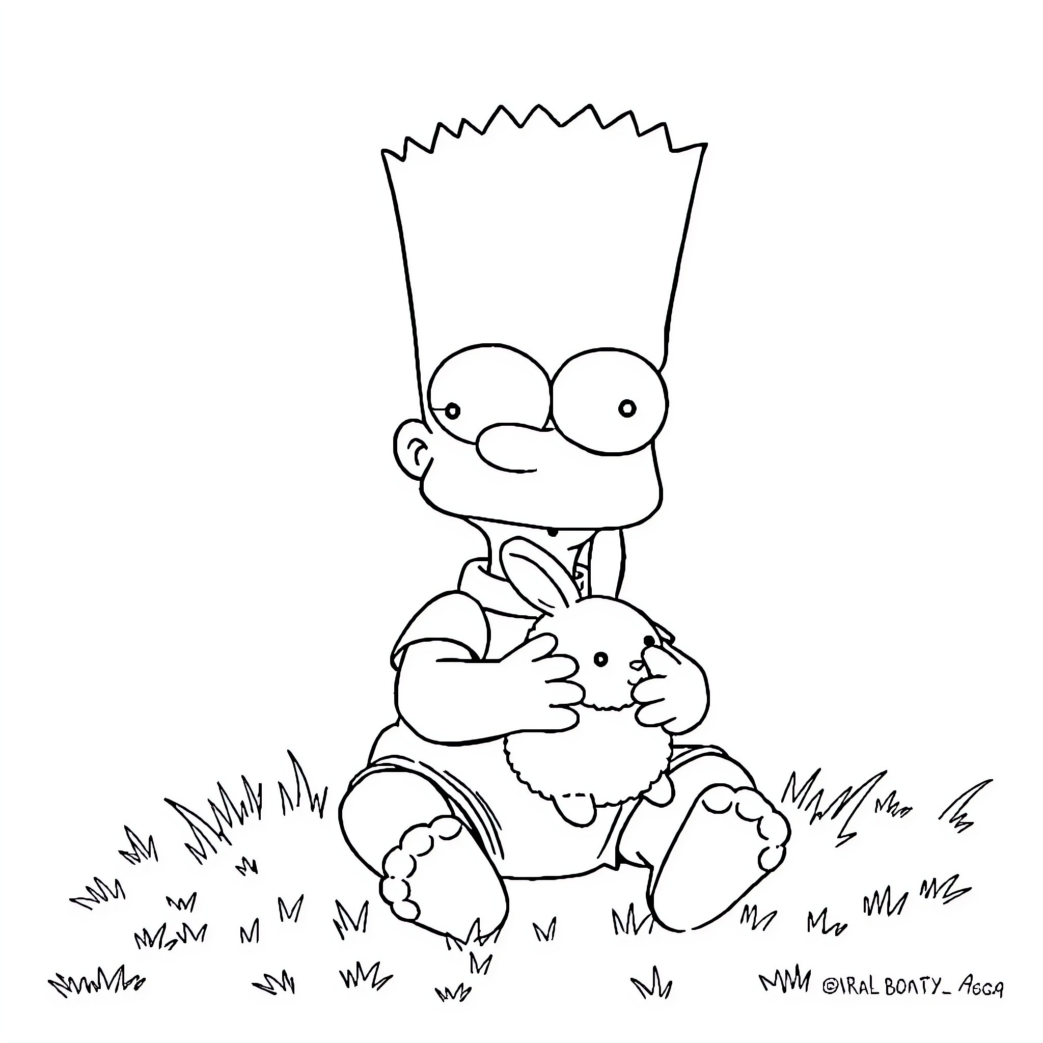 Bart Simpson playing on the grass Coloring Page (free black-and-white line drawing printable PDF for all, from beginners to advanced learners, including children, teens, adults, and seniors)