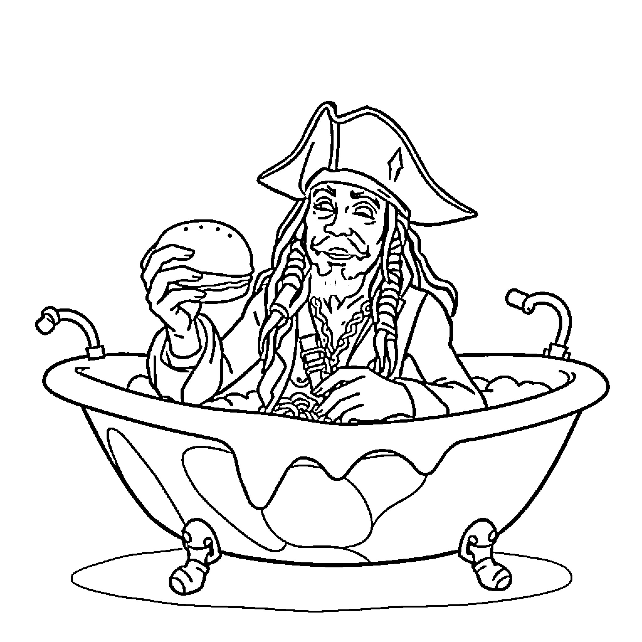 Jack Sparrow relaxing in a fanciful bathtub Coloring Page (free black-and-white line drawing printable PDF for all, from beginners to advanced learners, including children, teens, adults, and seniors)