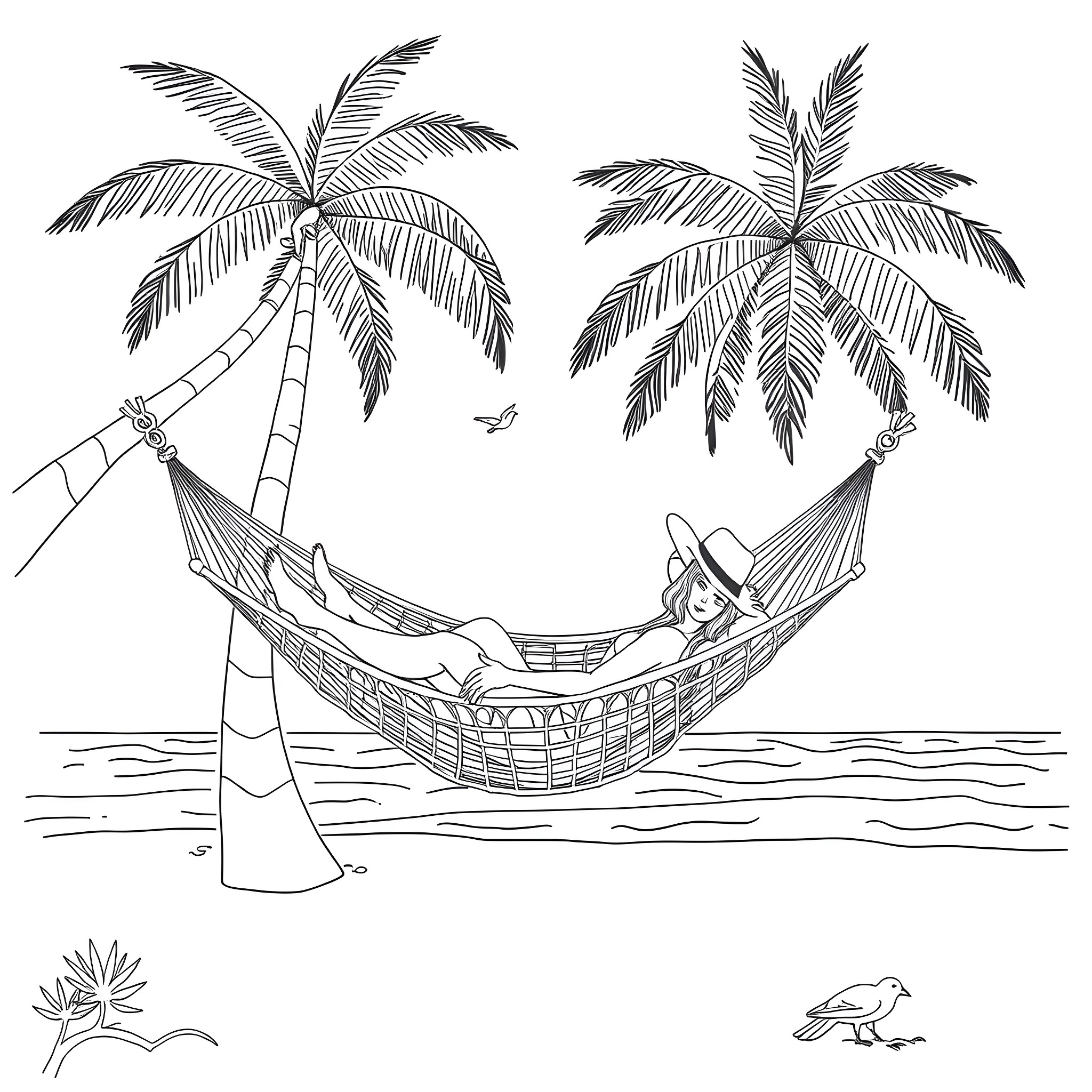 Woman relaxing in hammock under palm trees Coloring Page (free black-and-white line drawing printable PDF for all, from beginners to advanced learners, including children, teens, adults, and seniors)
