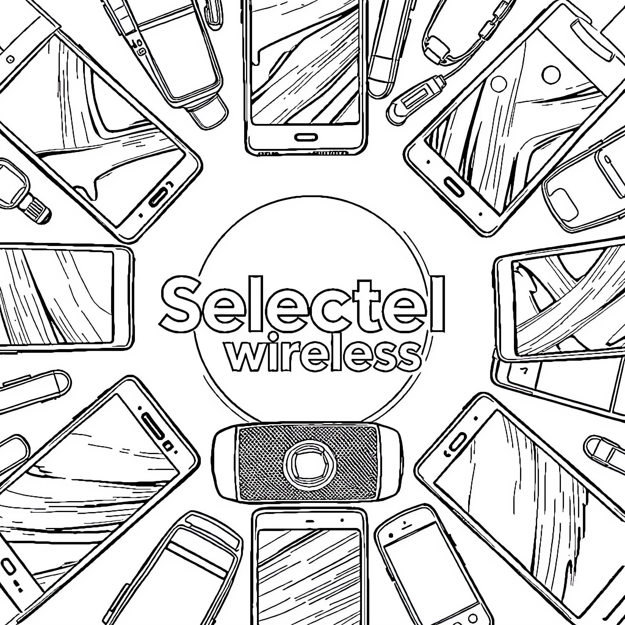 Selectel Wireless Devices Arrangement Coloring Page (free black-and-white line drawing printable PDF for all, from beginners to advanced learners, including children, teens, adults, and seniors)