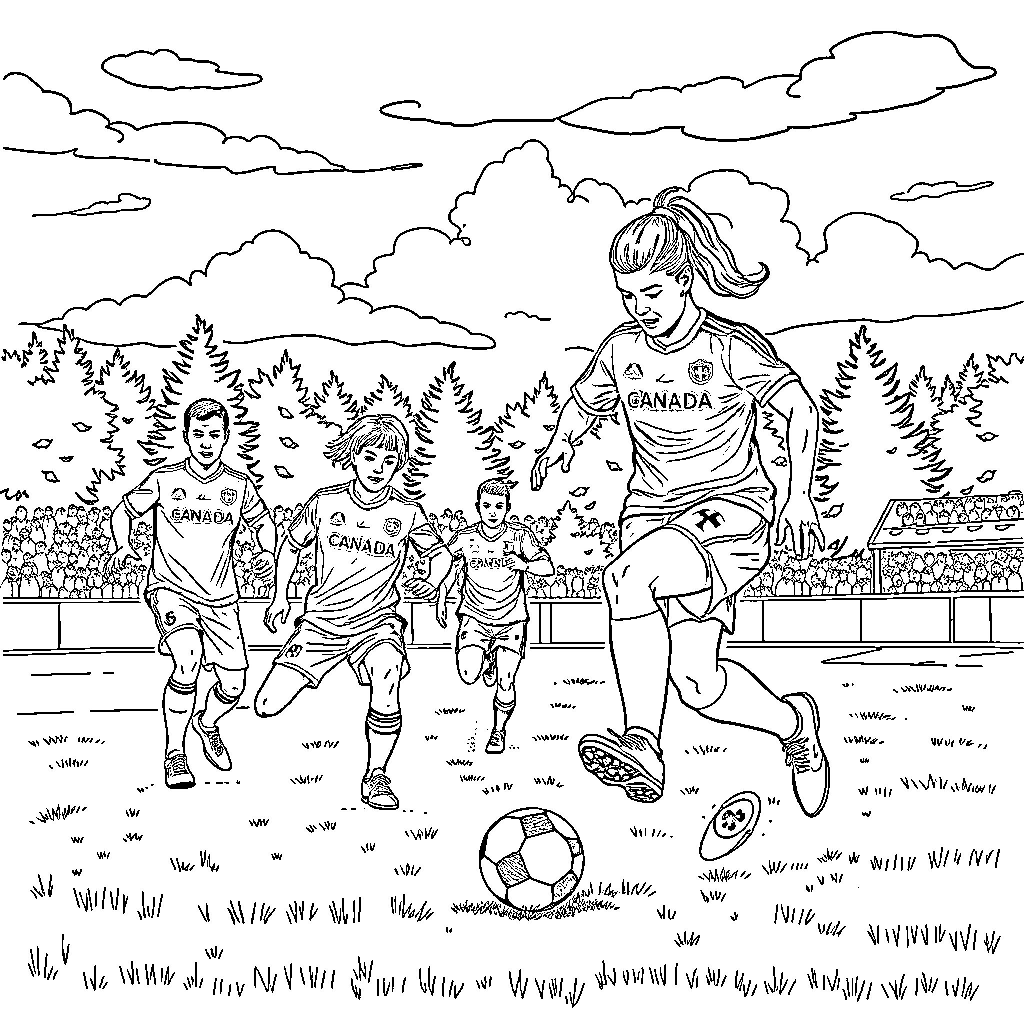 Soccer players in action on the field Coloring Page (free black-and-white line drawing printable PDF for all, from beginners to advanced learners, including children, teens, adults, and seniors)