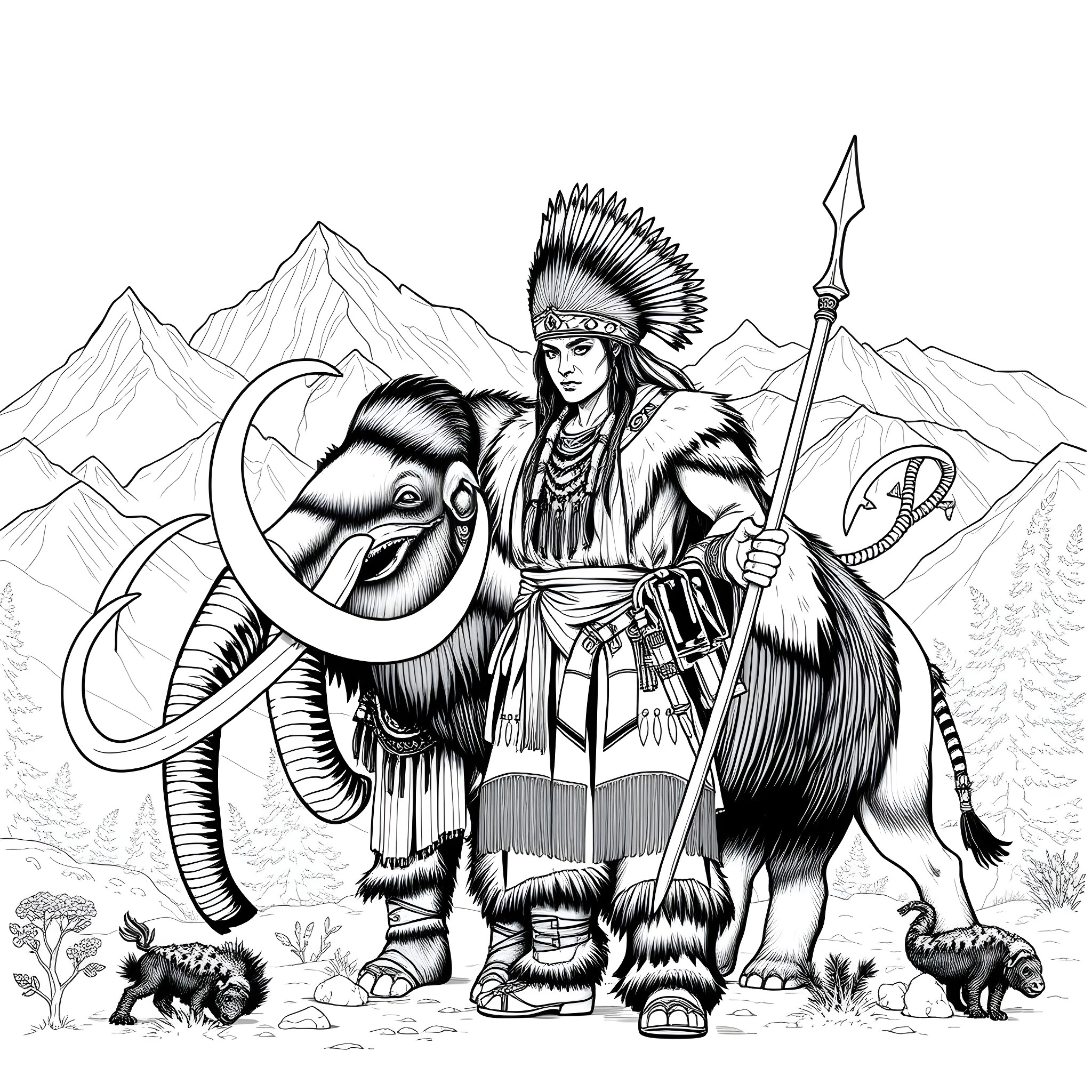 Character Riding Majestic Woolly Mammoth in Mountainous Landscape Coloring Page (free black-and-white line drawing printable PDF for all, from beginners to advanced learners, including children, teens, adults, and seniors)