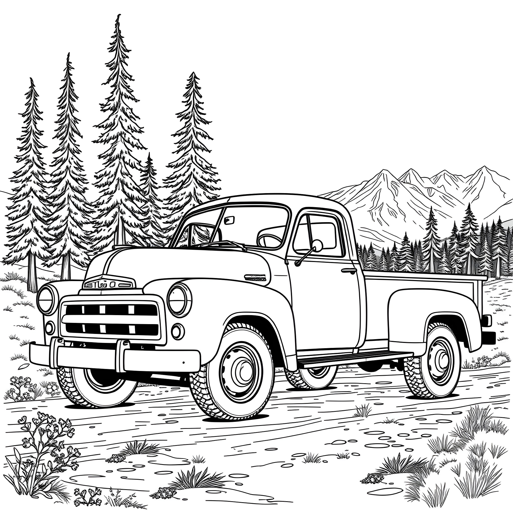 Truck driving through the snowy forest landscape Coloring Page (free black-and-white line drawing printable PDF for all, from beginners to advanced learners, including children, teens, adults, and seniors)